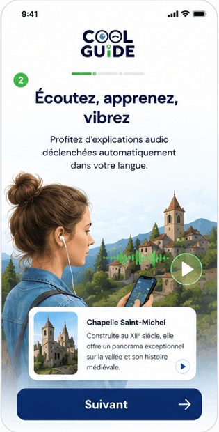 Écran d'onboarding : écoute des récits audio