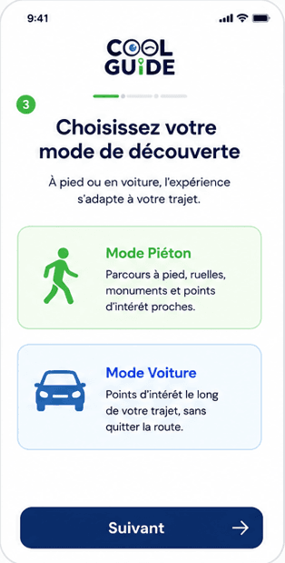 Écran d'onboarding : choix du mode de découverte