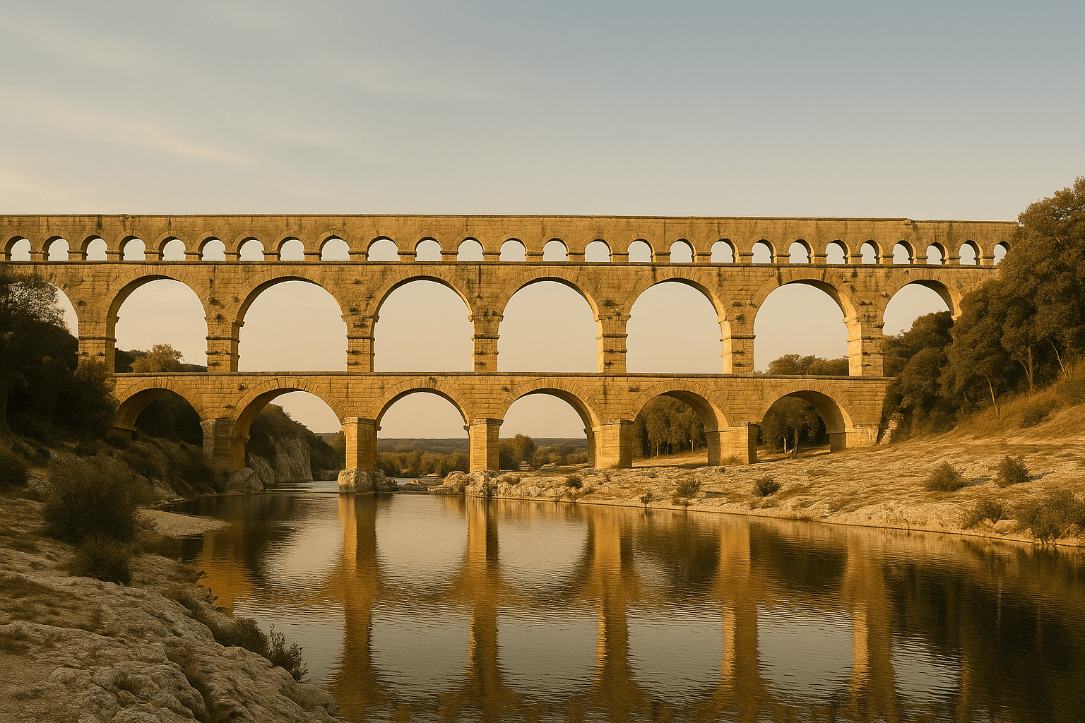 Image de couverture du circuit Provence romaine : le Pont du Gard au-dessus de la rivière, lumière dorée, vue panoramique avec espace pour le titre.
