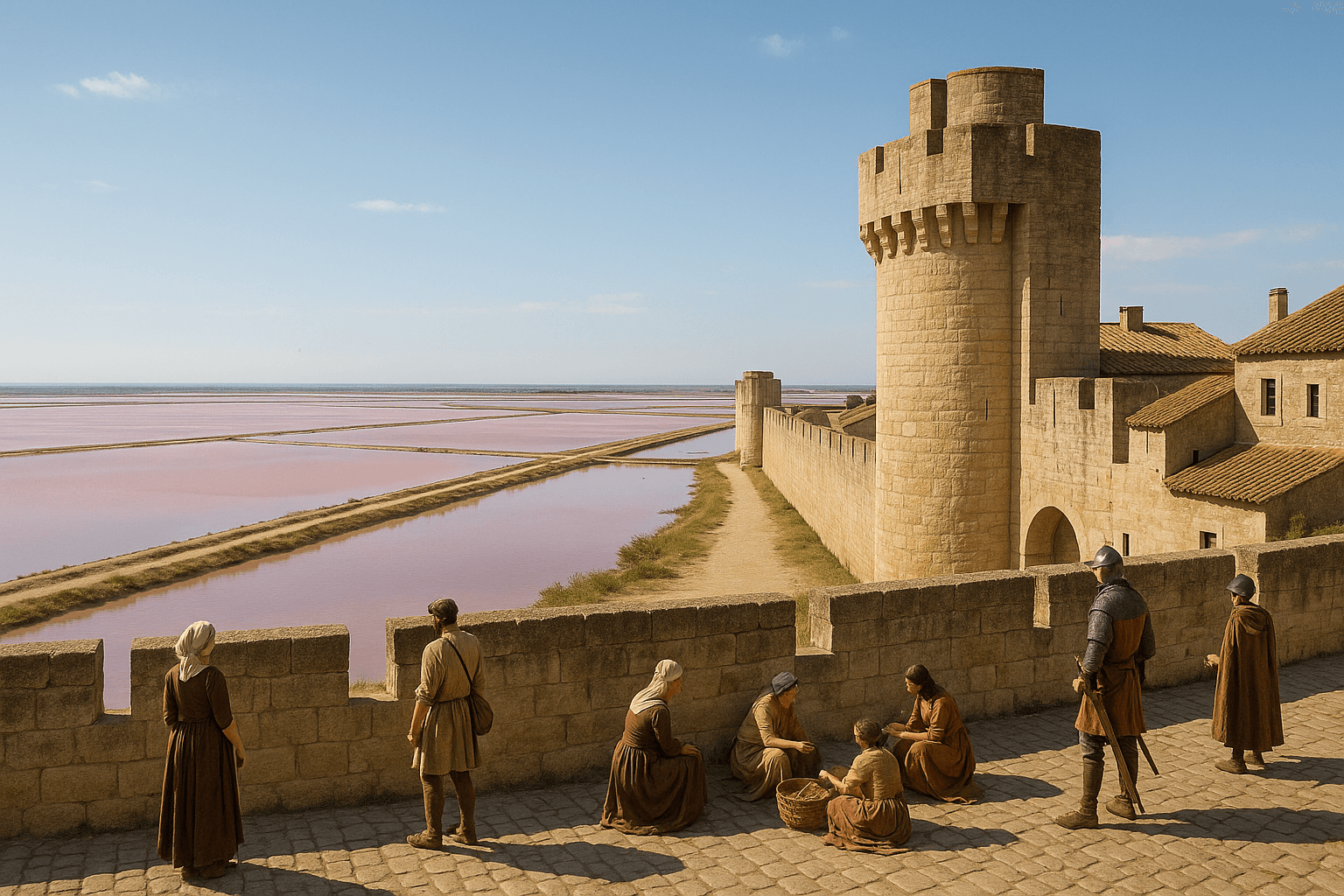 Point de vue sur les salins d’Aigues-Mortes, bassins salés aux reflets rosés entre ciel et eau