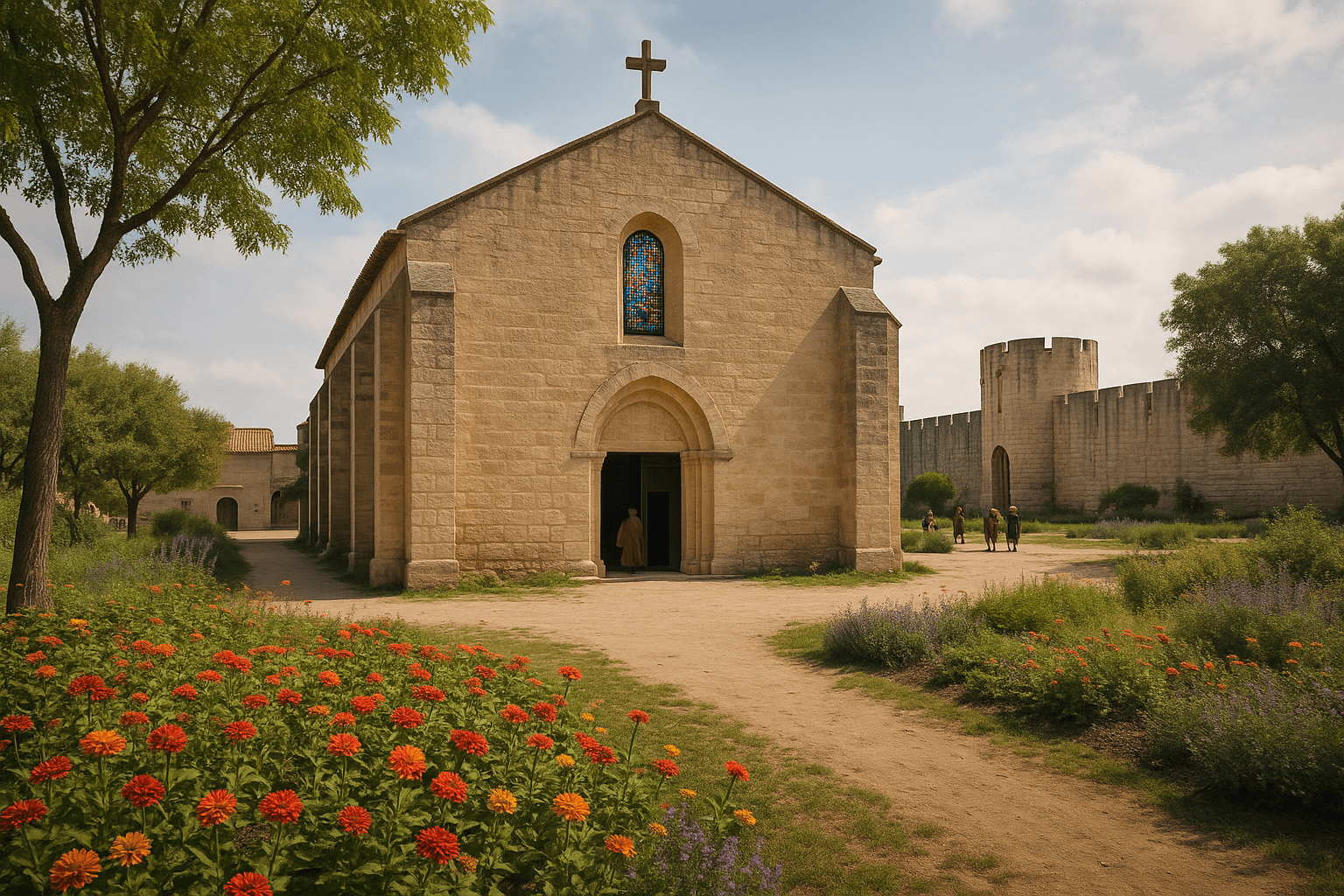 Façade en pierre de l’église Notre-Dame-des-Sablons à Aigues-Mortes, d’inspiration médiévale sobre
