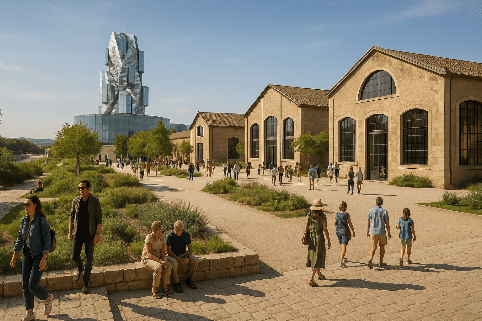 Le Parc des Ateliers, vastes halles ferroviaires réhabilitées et allées plantées ouvertes au public.