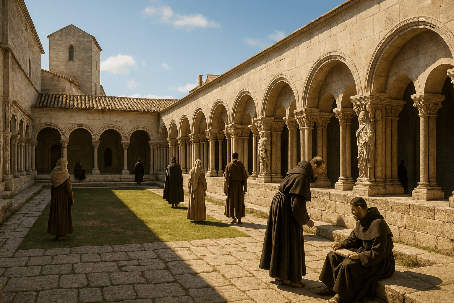 Le cloître Saint‑Trophime, galeries médiévales aux chapiteaux sculptés entourant un petit jardin.