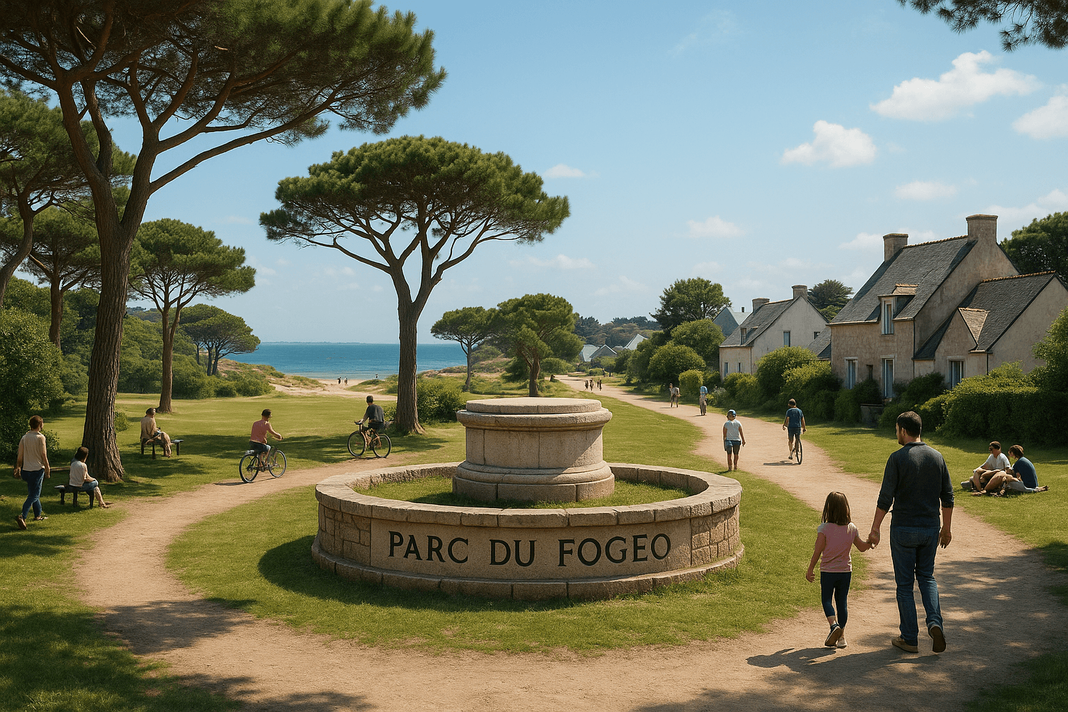 Allées du parc du Fogeo bordées de pins près de la plage d’Arzon