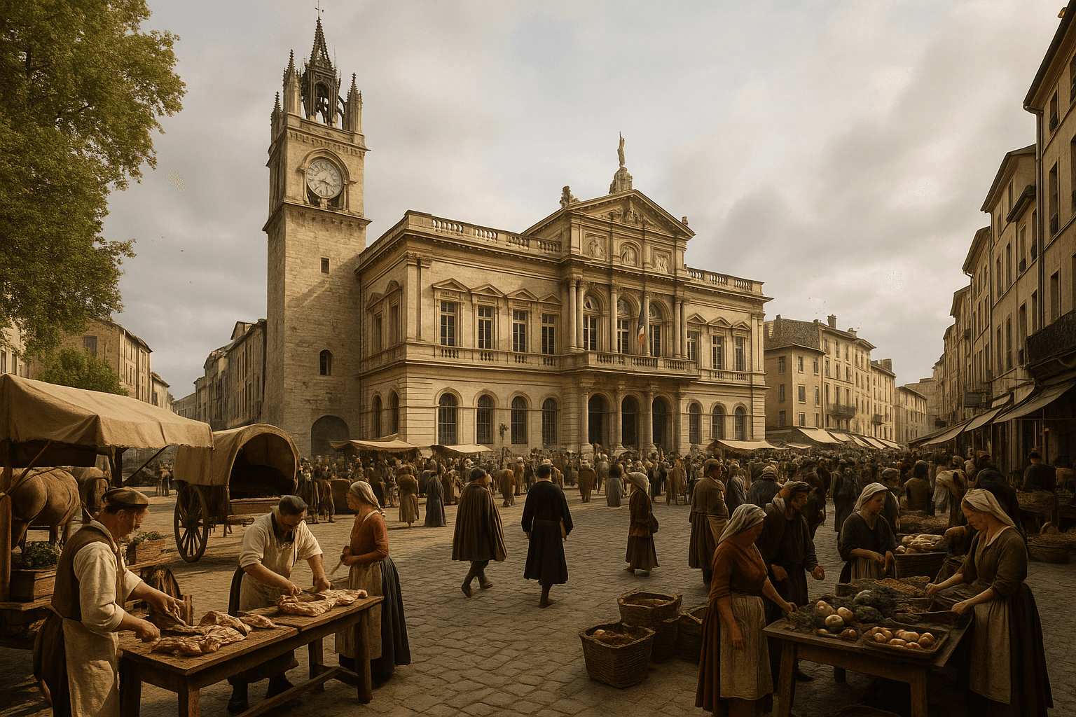 La Place de l’Horloge à Avignon, grande place bordée de terrasses de cafés