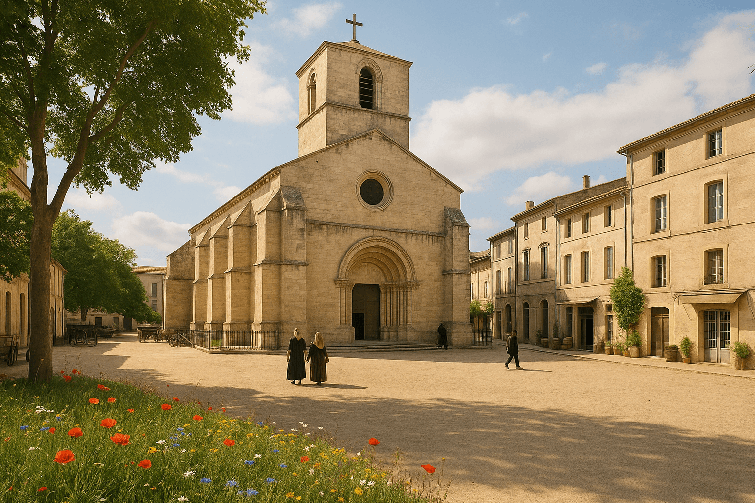 L’église Notre-Dame-des-Pommiers à Beaucaire, façade en pierre claire et clocher sur la place centrale