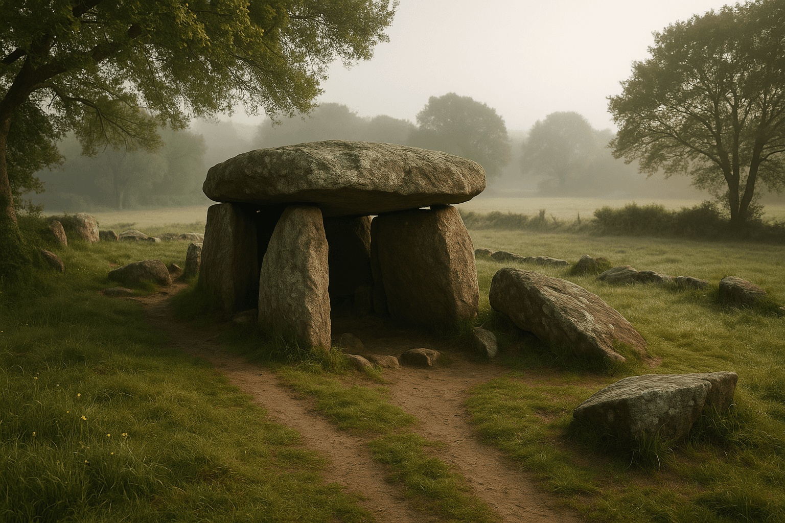 Les dolmens de Kerbrevost à Belz, grandes dalles de pierre formant des sépultures mégalithiques