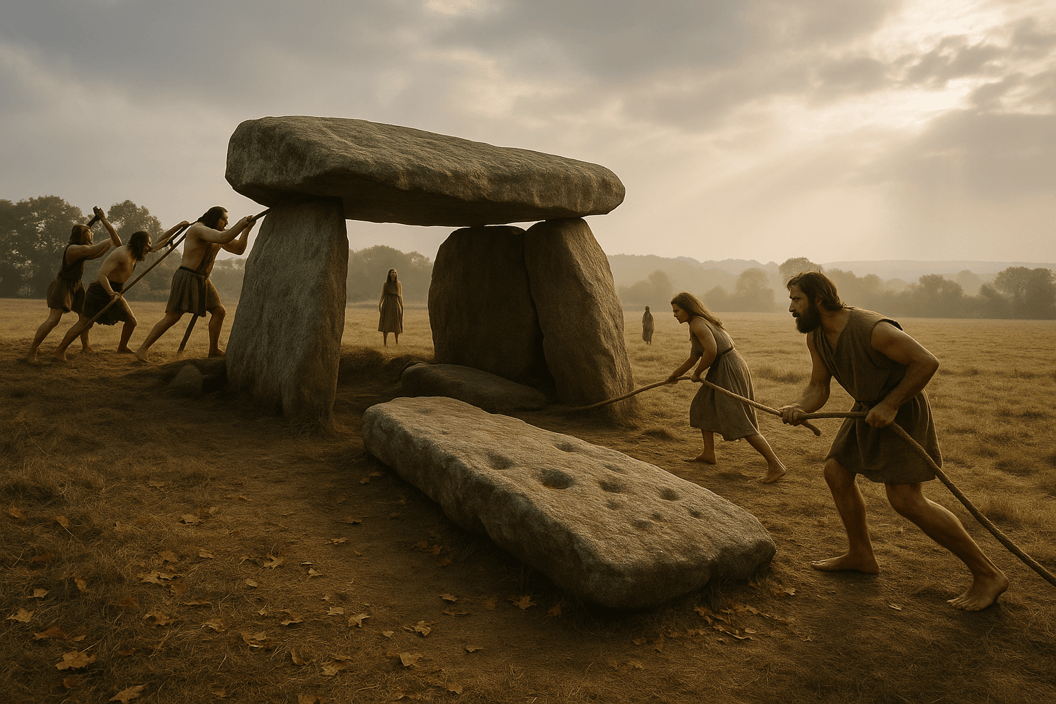 Dolmen de Kerhouarin à Brech, grande dalle posée sur des pierres verticales au cœur de la végétation