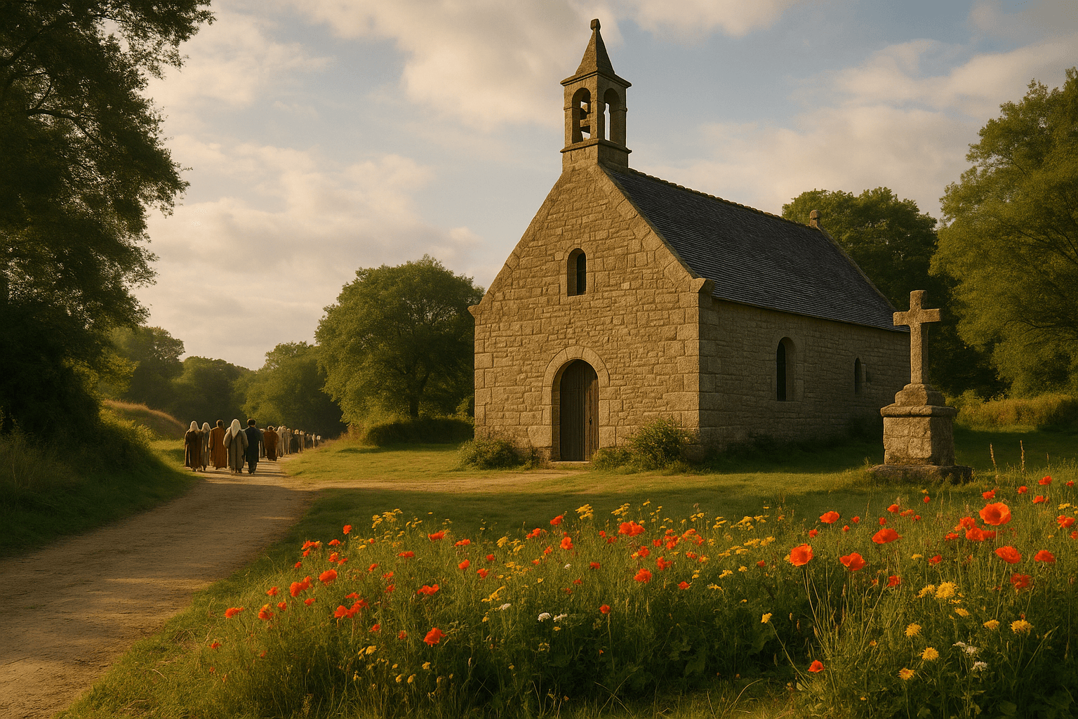 La chapelle Notre-Dame des Fleurs à Brech, petit édifice en pierre entouré de verdure