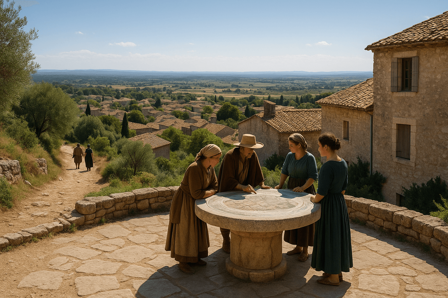 Table d’orientation en pierre avec vue sur la Vaunage, collines de garrigue et villages alentour