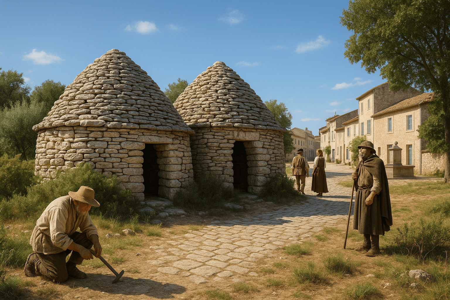 Deux capitelles en pierre sèche côte à côte dans la garrigue de Caveirac