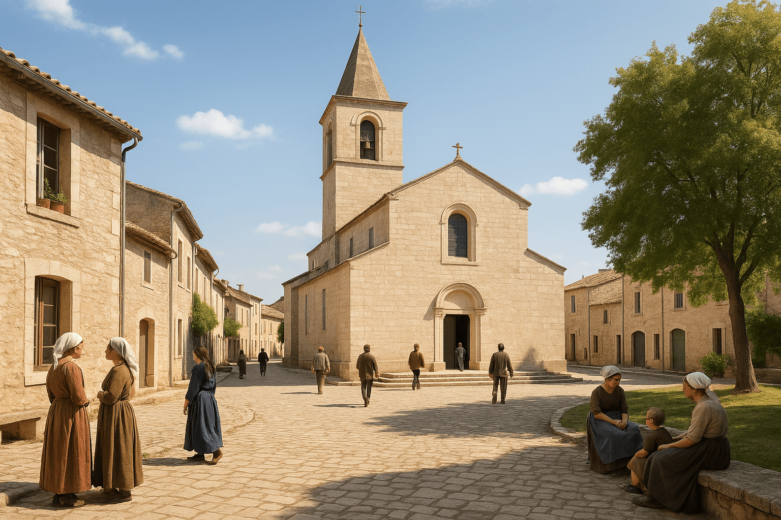 Façade et clocher de l’église Saint‑Adrien à Caveirac vus depuis la place