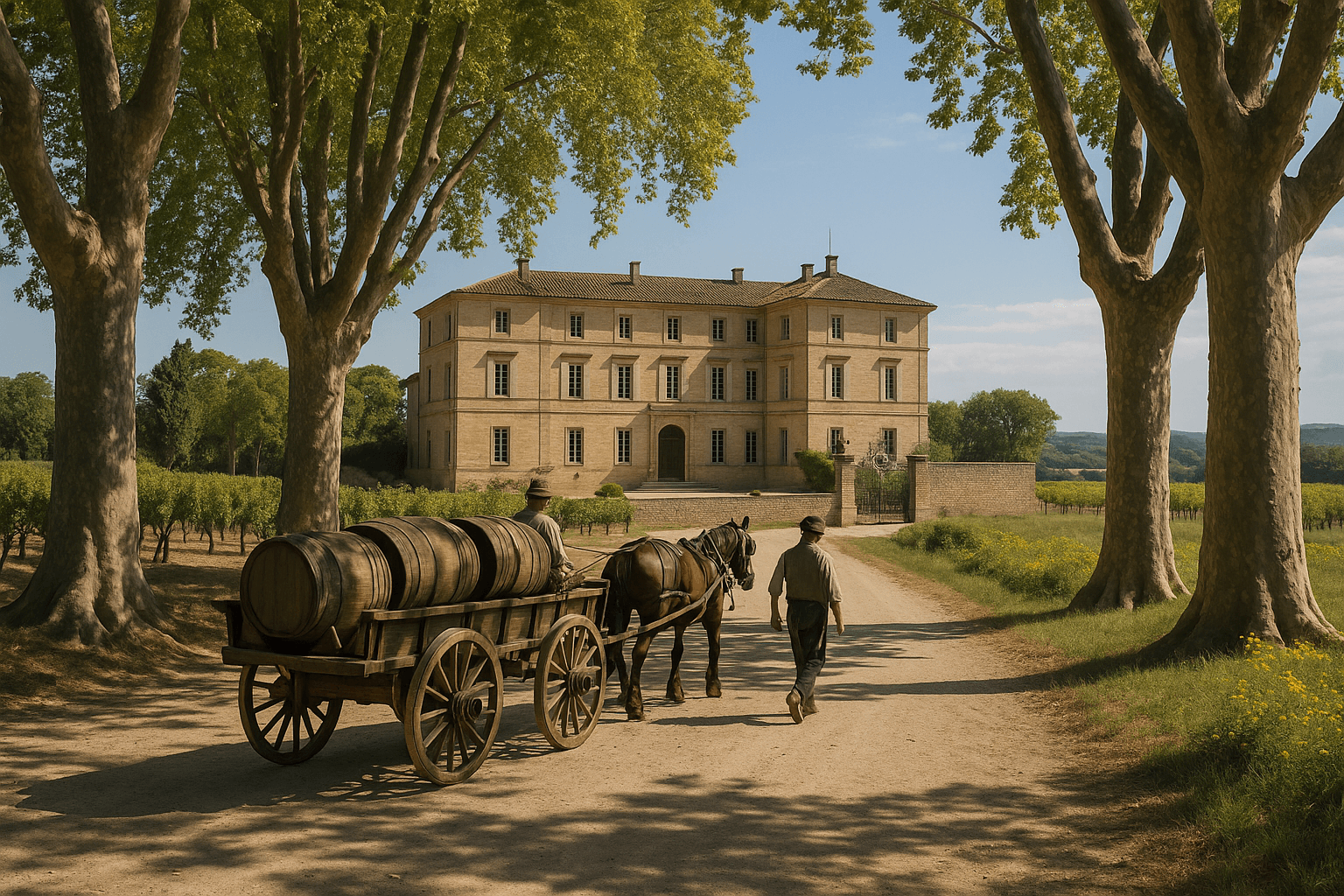 Façade du Château de la Nerthe entourée de vignes à Châteauneuf-du-Pape