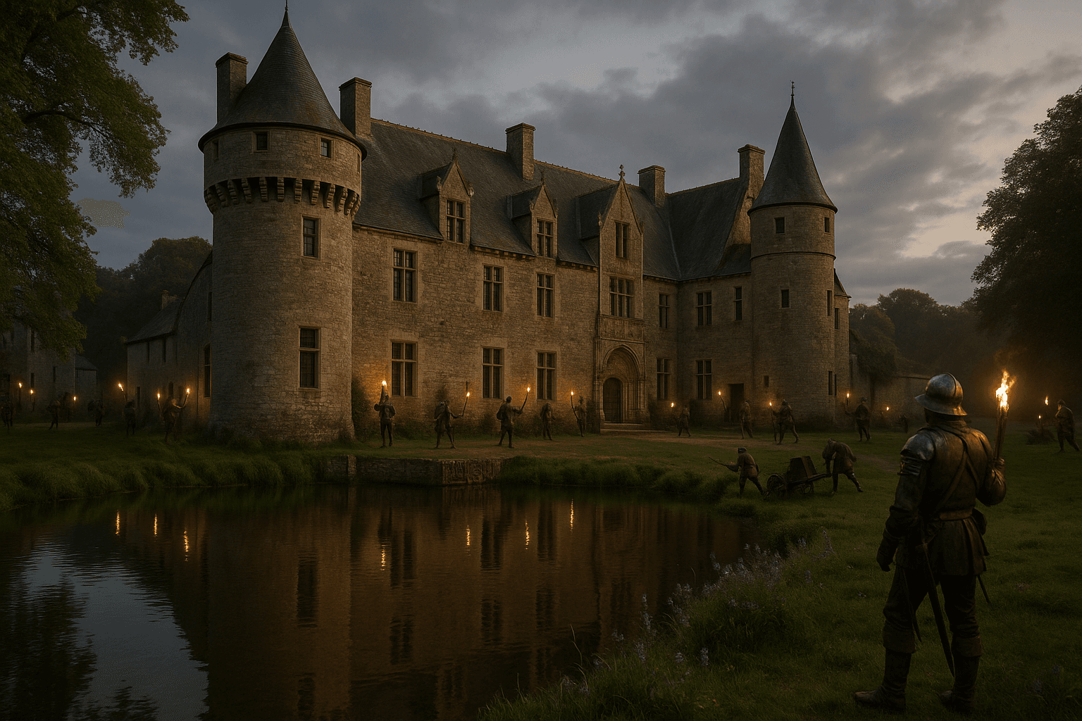 Façade du Château du Plessis-Kaër à Crach, intégrée au cadre paysager du domaine