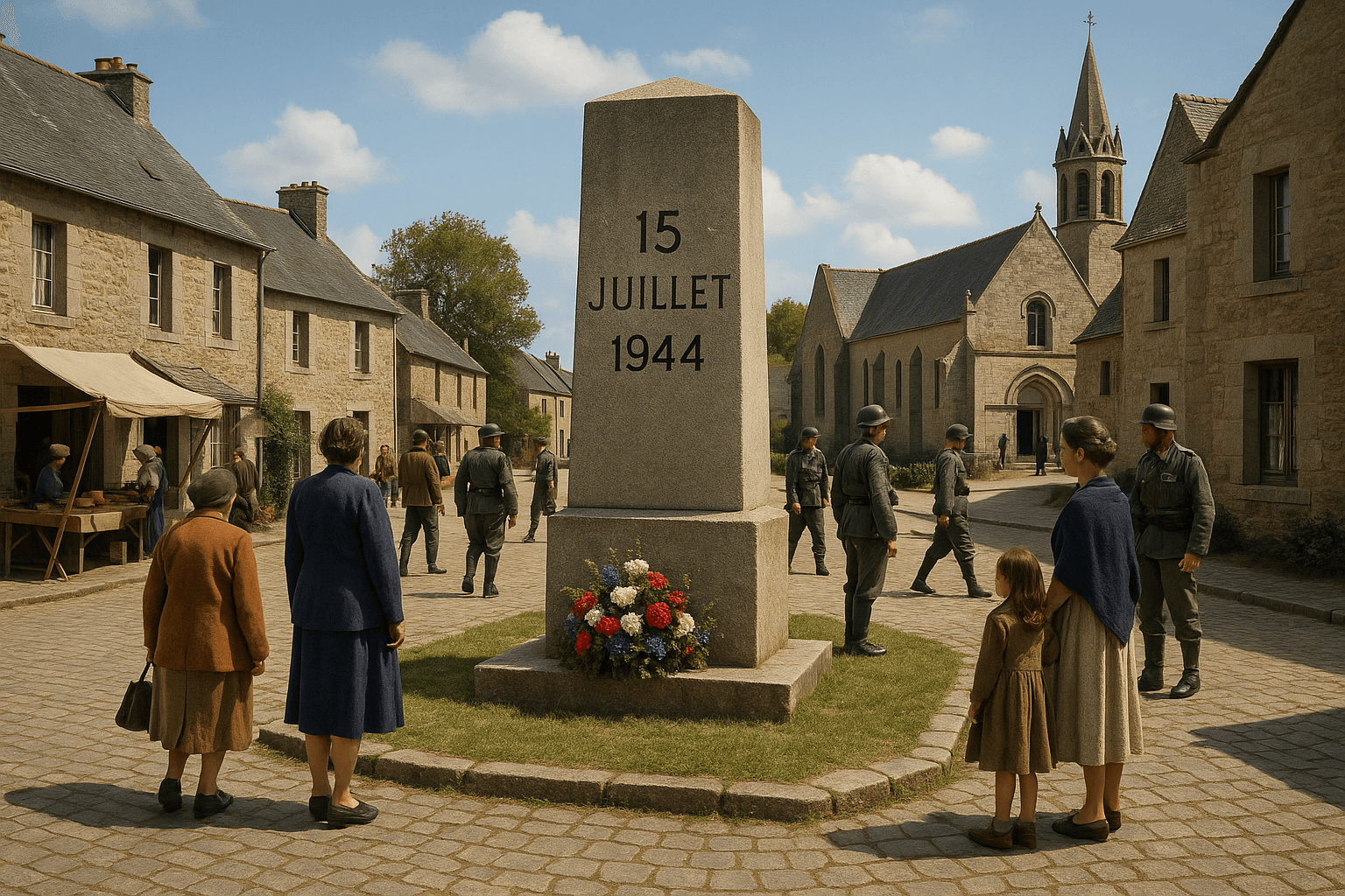 Stèle commémorative du 15 juillet 1944 à Elven, monument en pierre dédié aux victimes de la Seconde Guerre mondiale