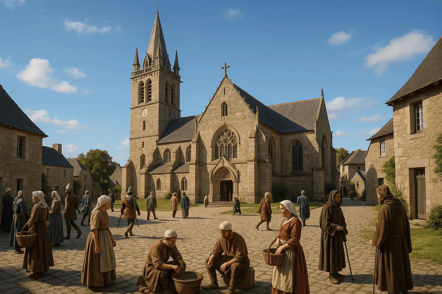 Église Saint-Alban d’Elven, vue de l’édifice et de son clocher au centre du bourg