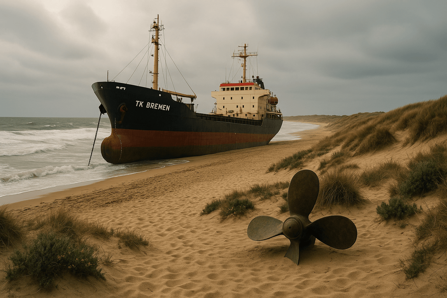 Site de l’échouement du cargo TK Bremen sur la côte d’Erdeven, entre dunes et océan