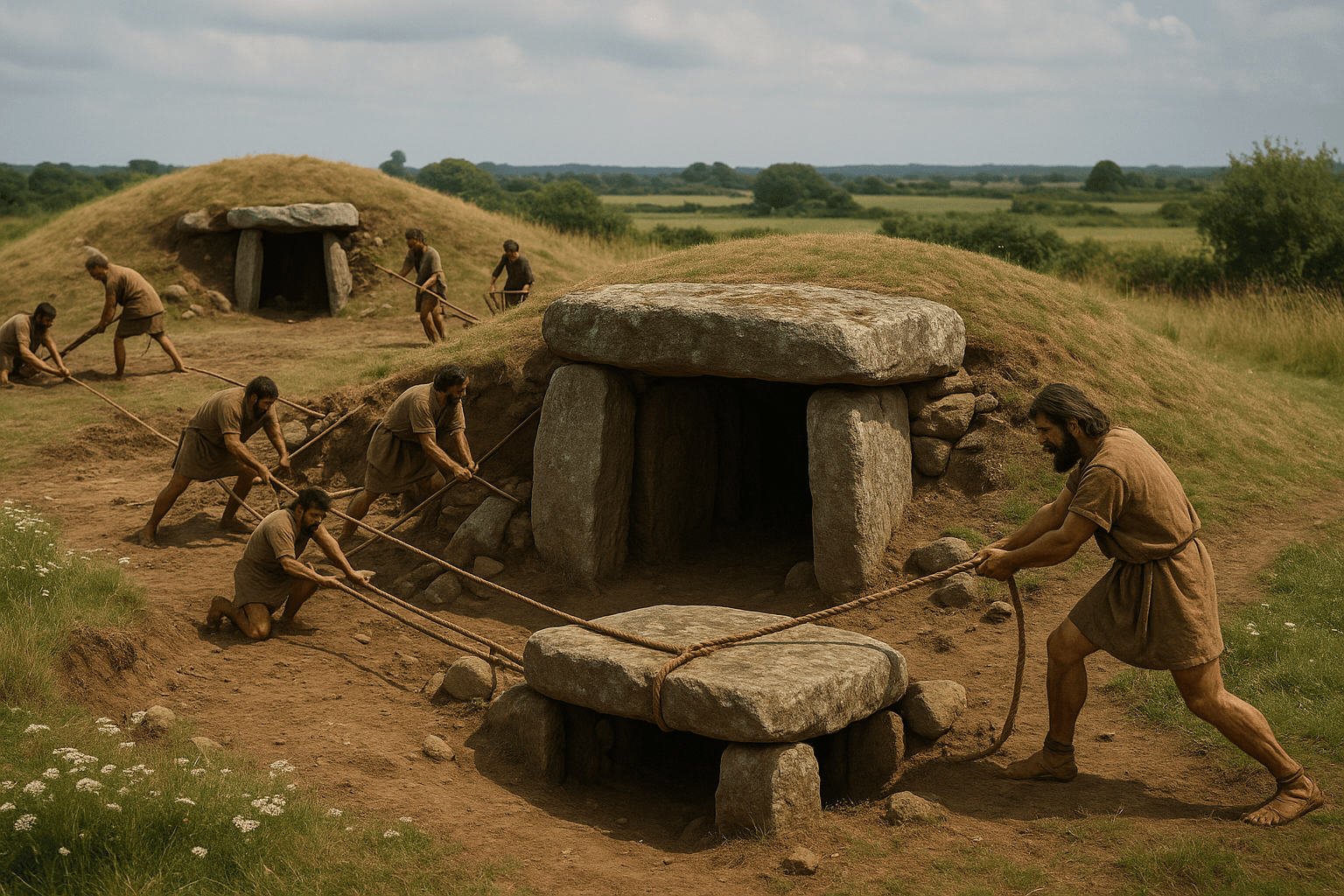 Le tumulus de Run-er-Sinzen et ses deux dolmens à galerie, dans la campagne d’Erdeven