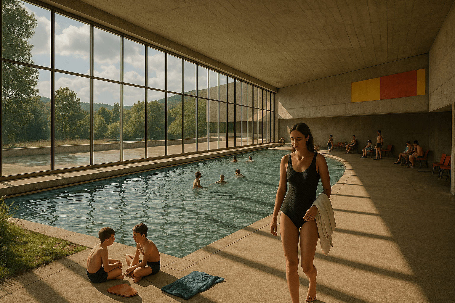 La Piscine André Wogenscky à Firminy, bassin couvert aux lignes modernistes avec grandes baies vitrées
