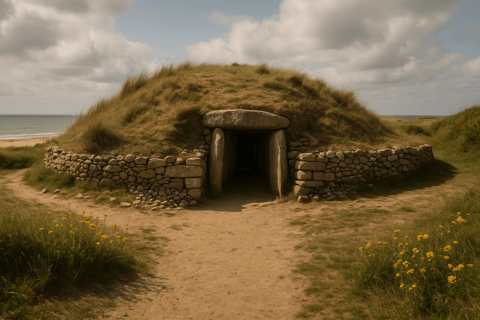 Le tumulus du Goërem dans le paysage littoral de Gâvres, tertre mégalithique sur la presqu’île
