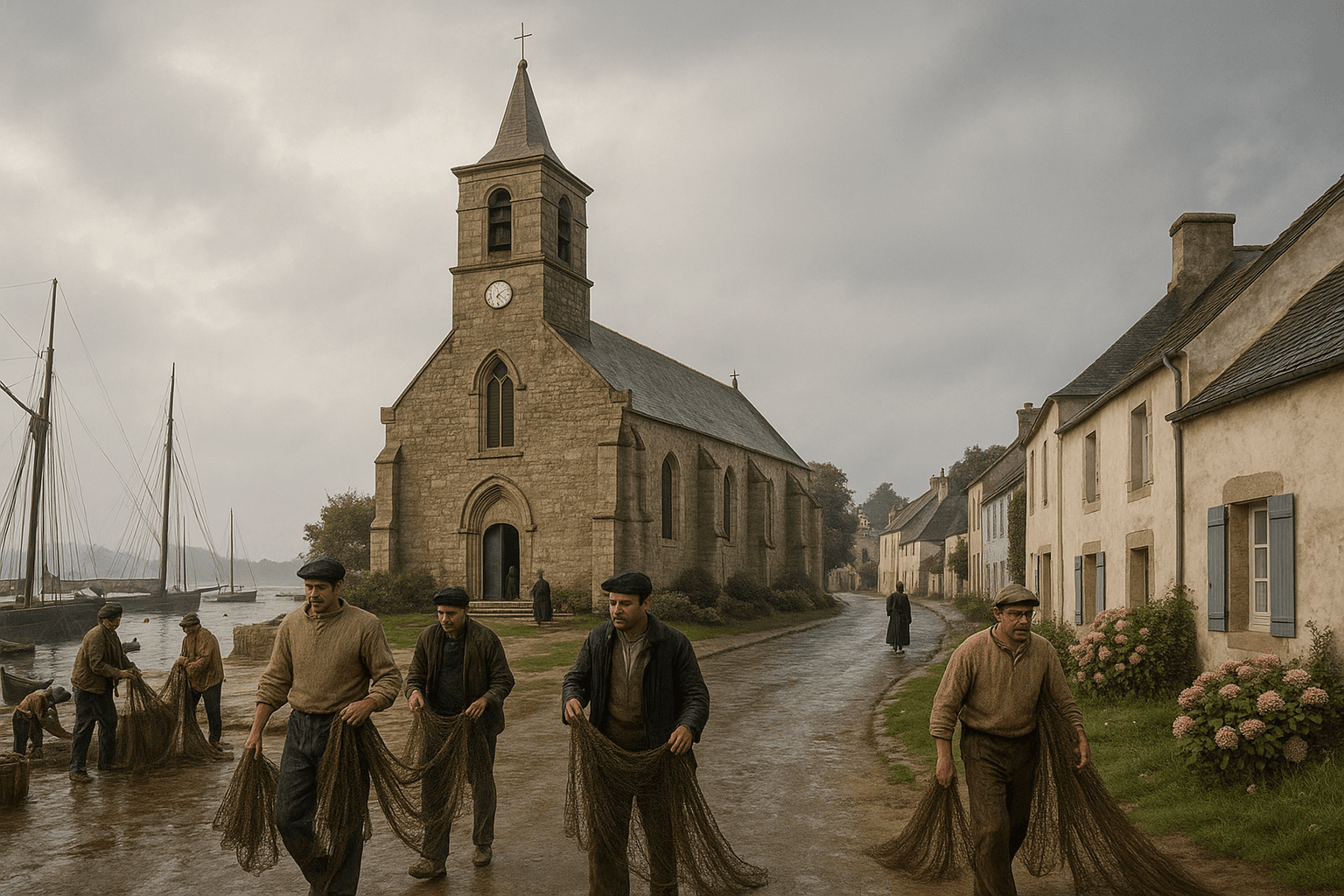 L’église Saint-Michel au cœur du bourg de l’Île-aux-Moines, clocher dominant les ruelles