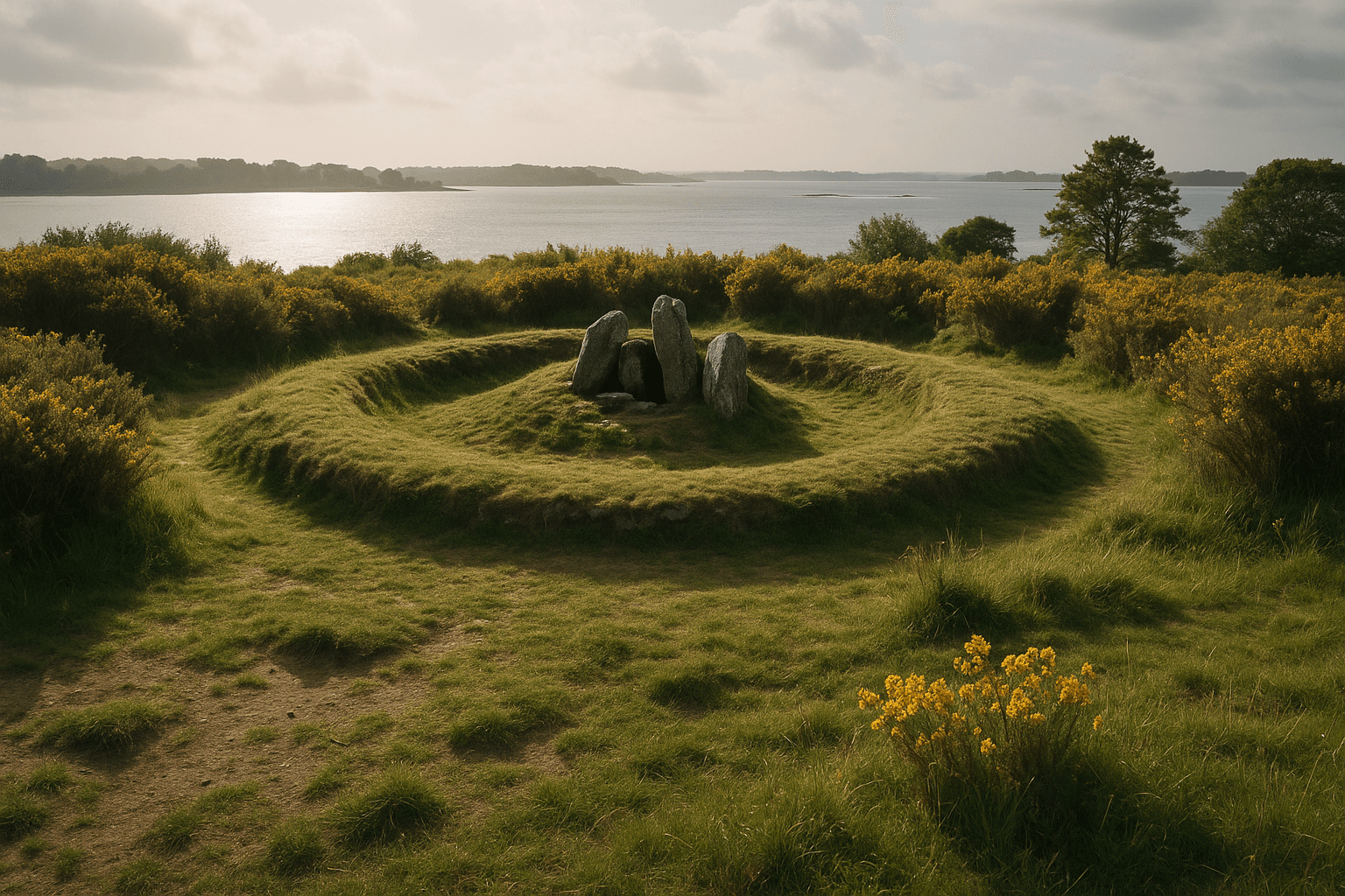 Le Tumulus d'Etal-Berder, monticule herbeux discret près du rivage du golfe du Morbihan