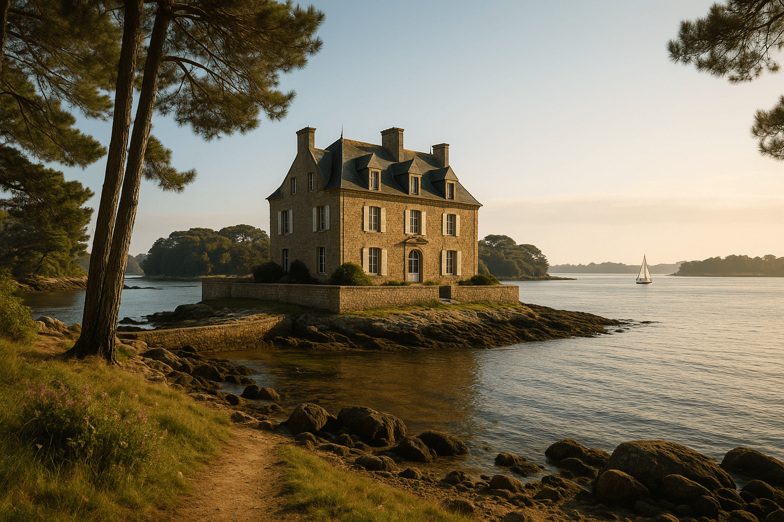 Le château de l'île de Berder entouré de pins, avec le golfe du Morbihan en arrière-plan