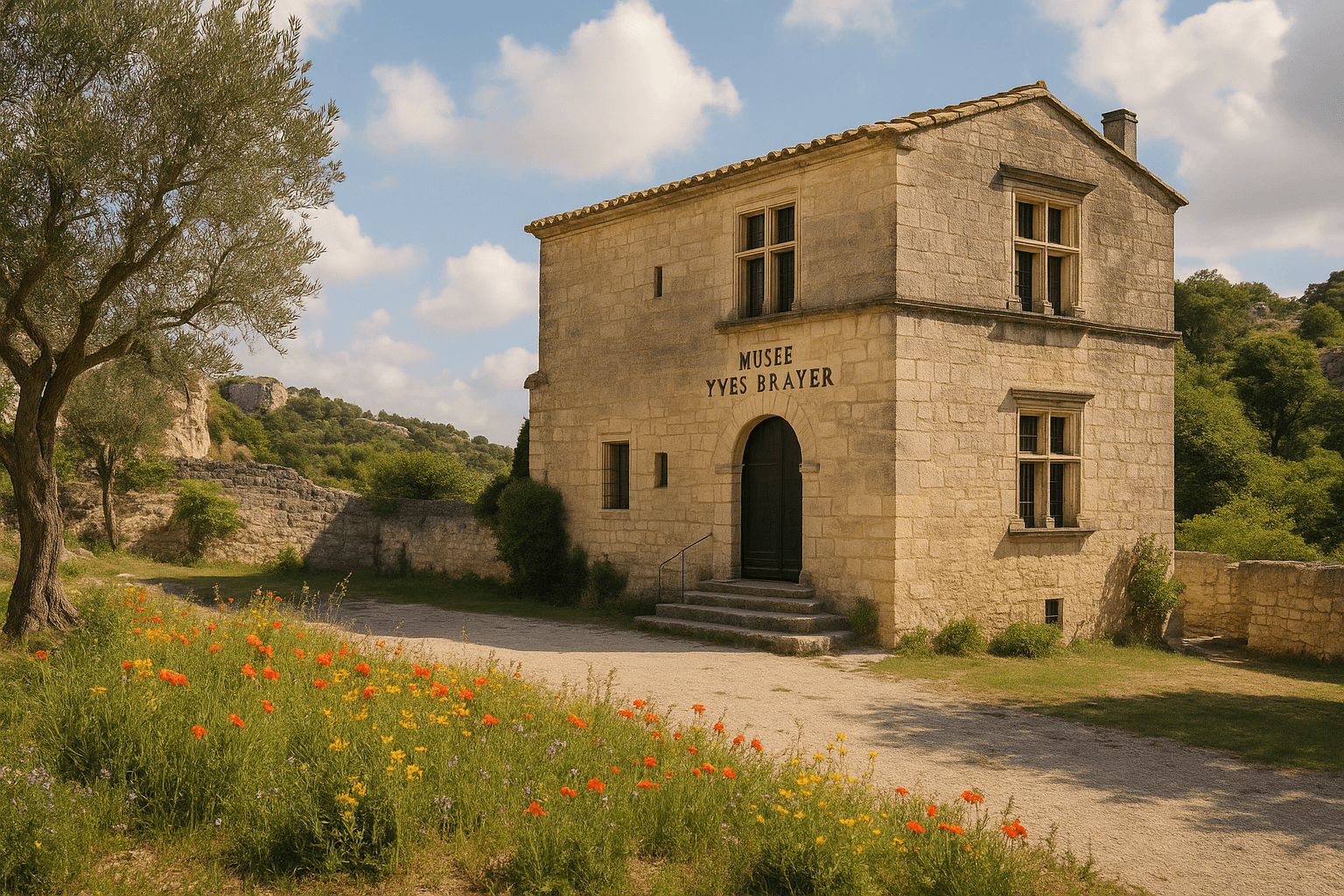 Salle d’exposition du Musée Yves Brayer aux Baux-de-Provence, avec des toiles de l’artiste accrochées aux murs.