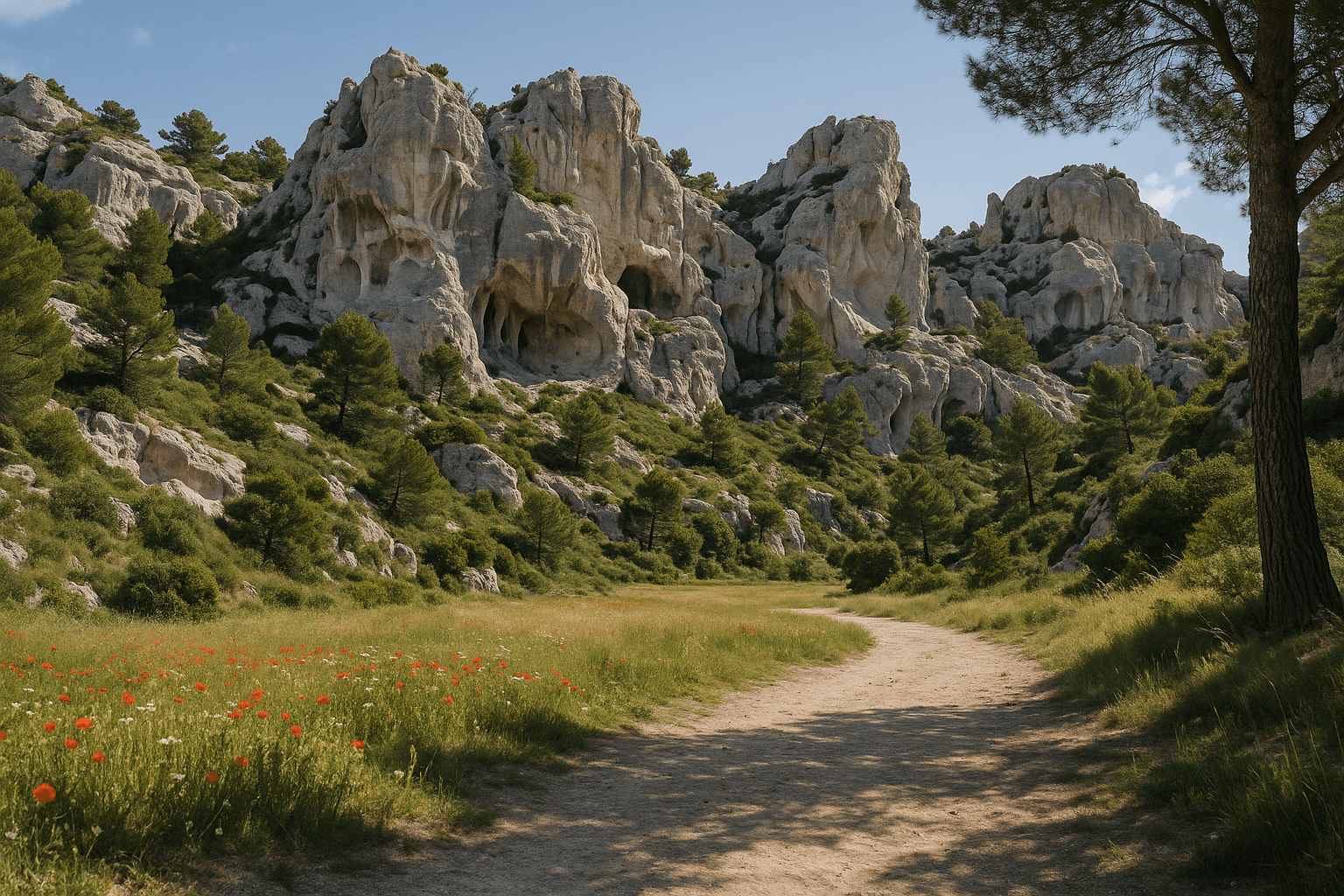 Le Val d’Enfer aux Baux-de-Provence, reliefs de calcaire blanc aux formes sculptées par l’érosion.