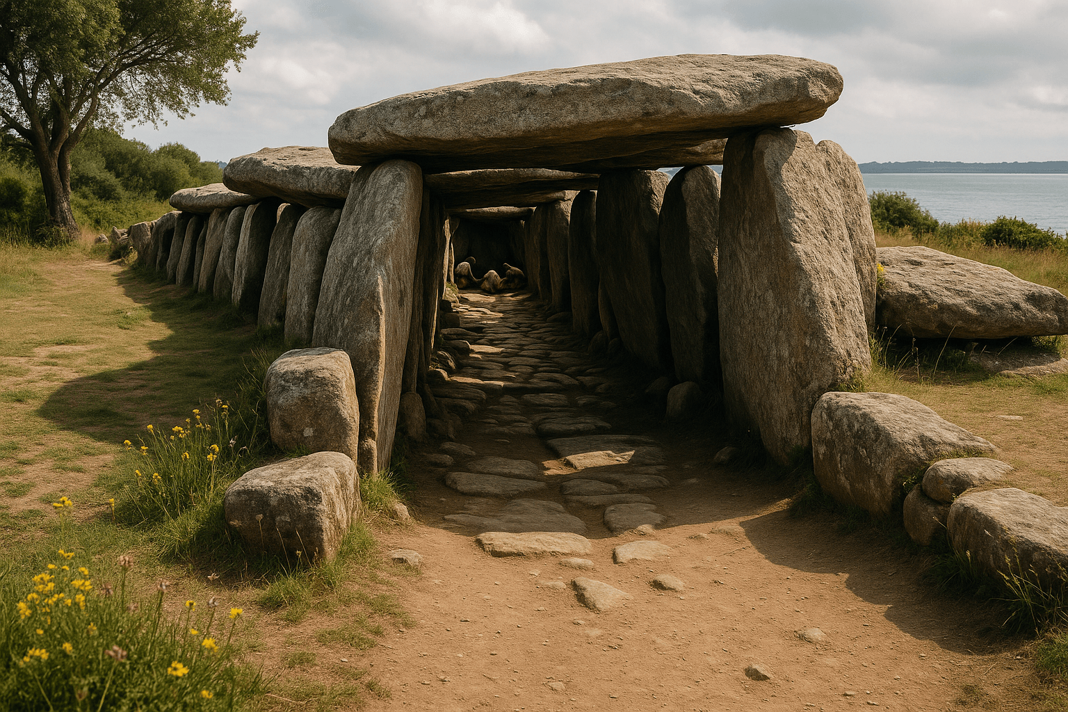 Le Dolmen des Pierres Plates à Locmariaquer et sa longue galerie funéraire.