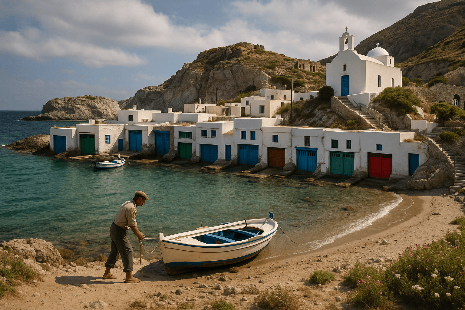 La baie de Fyropotamos aux eaux claires avec les maisons de pêcheurs colorées au bord de l’eau