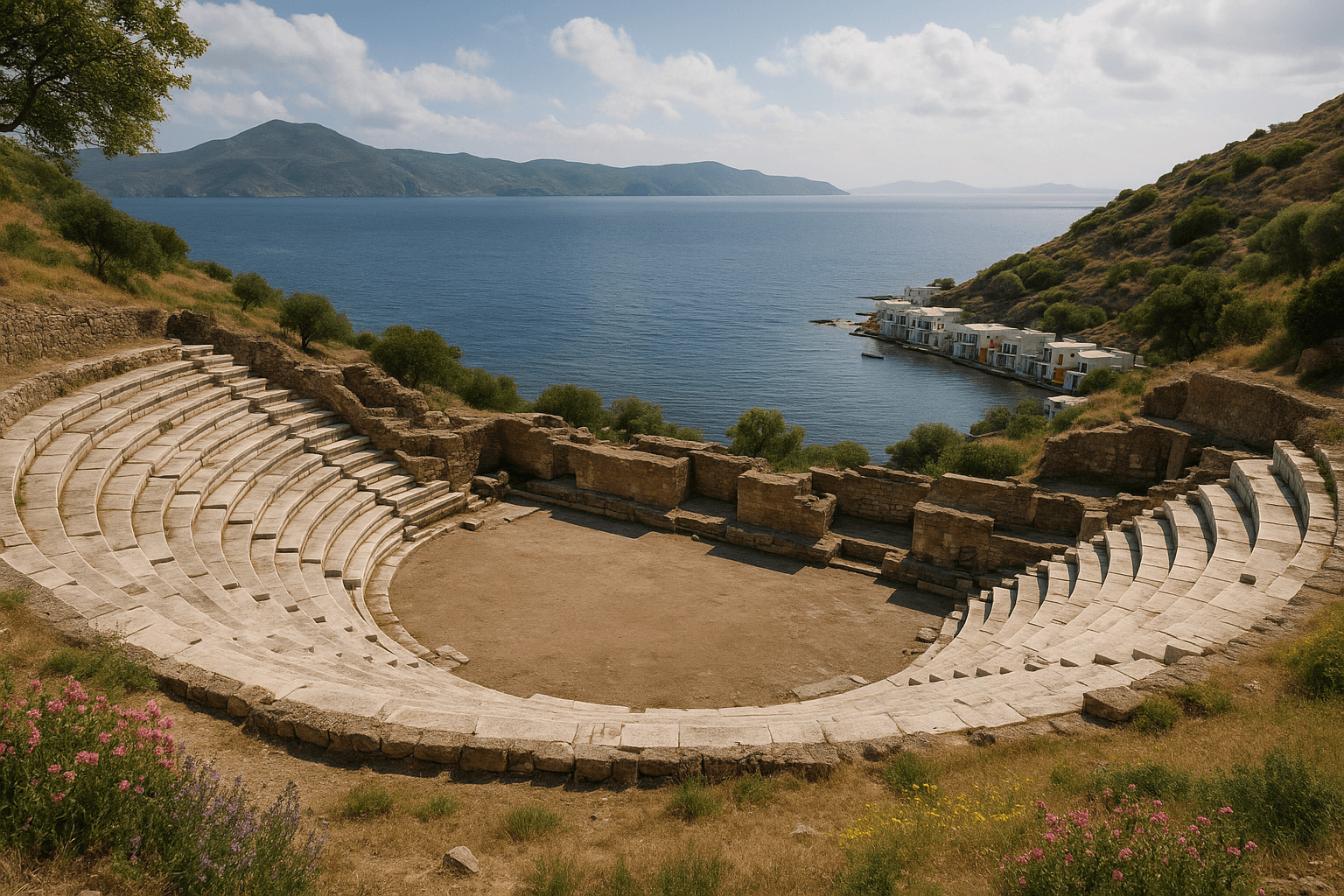 Le théâtre antique de Milos sur un versant dominant la mer Égée et le village de Klima