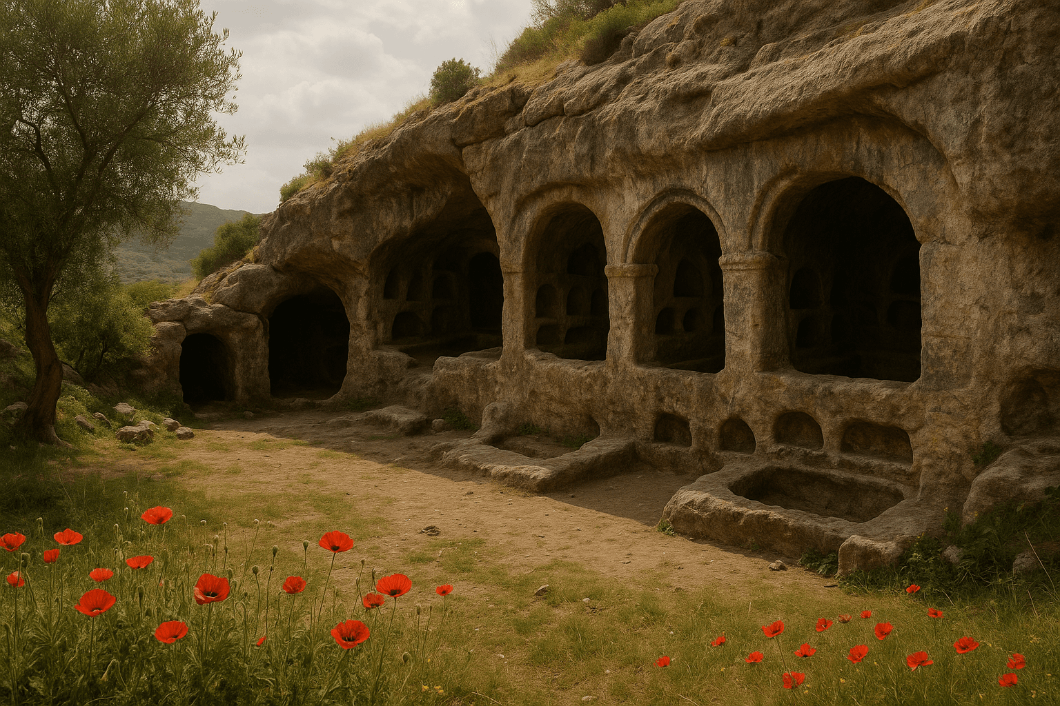 Galeries funéraires des catacombes de Trypiti creusées dans la roche