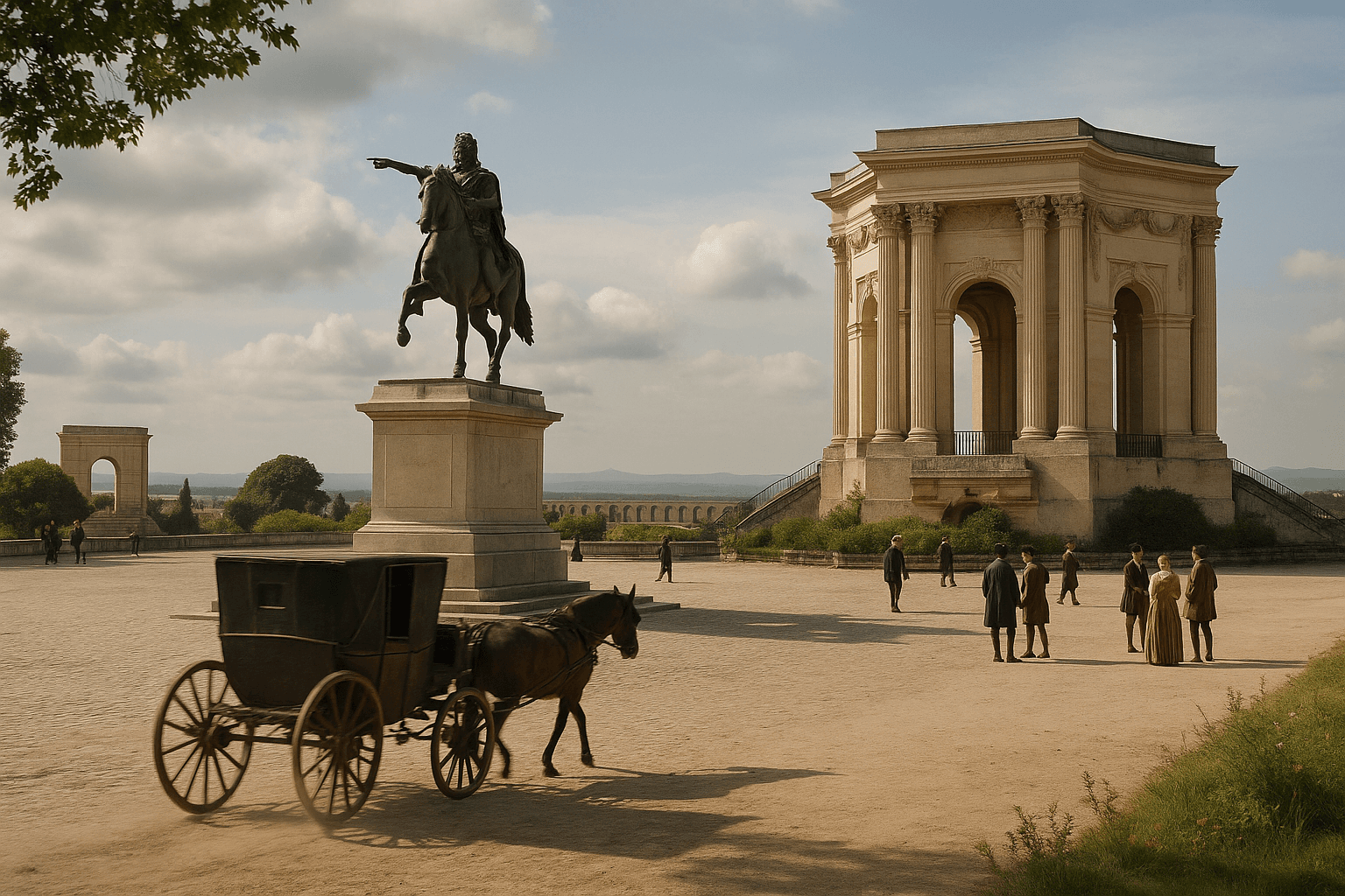 La Promenade du Peyrou à Montpellier, terrasse offrant une vue sur l’arc de triomphe et le château d’eau du Peyrou