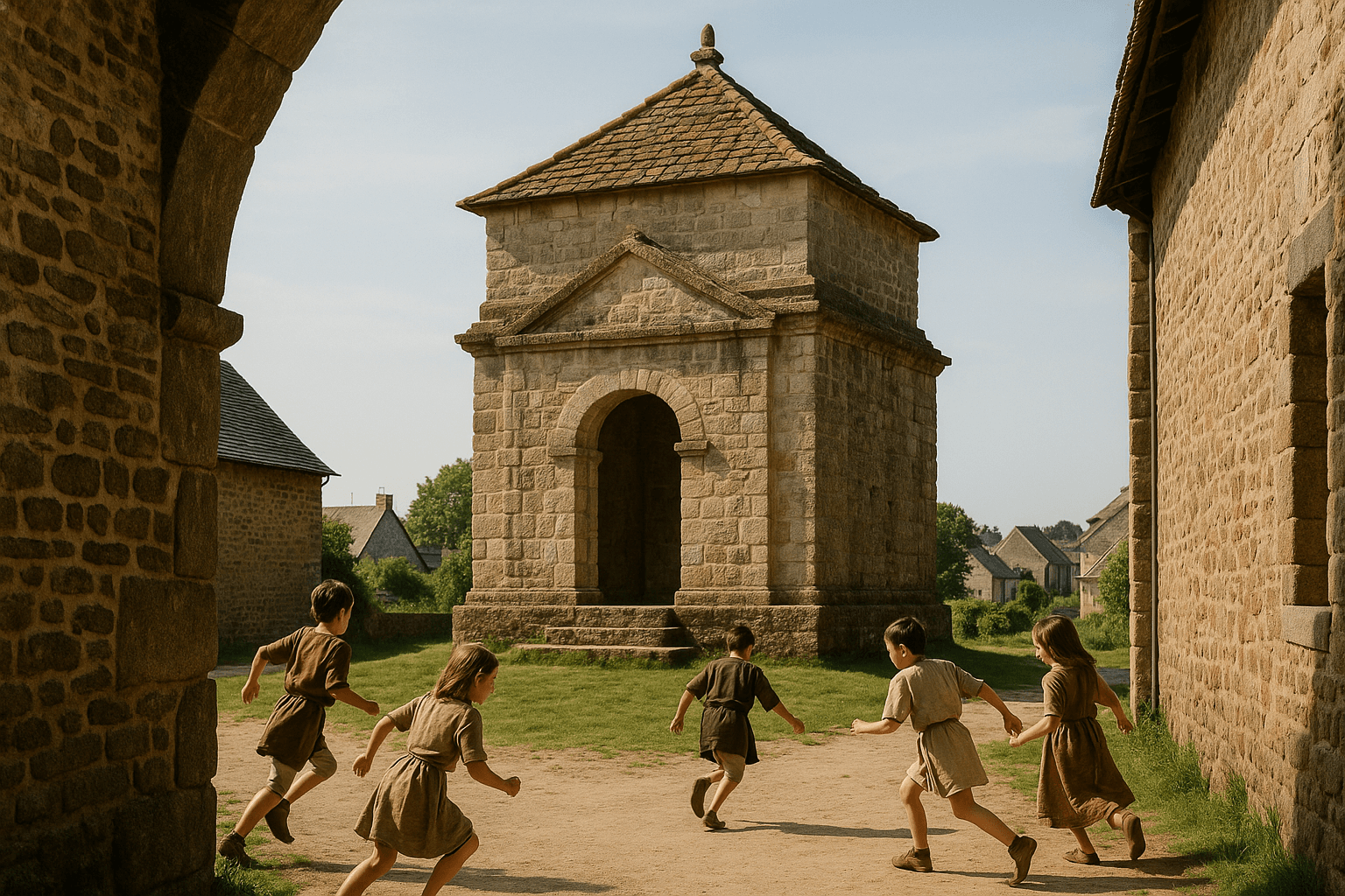 Le fanum de Sermon à Mordelles, vestiges gallo-romains avec murets bas en pierre dans un espace herbeux