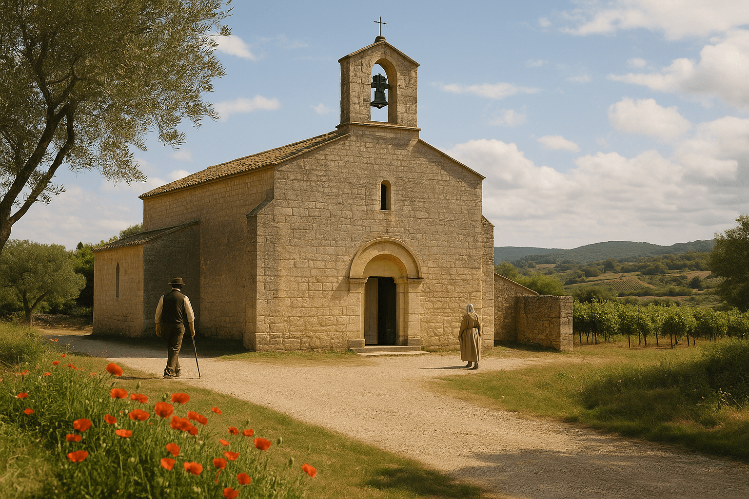 L’église Saint‑Saturnin de Nages‑et‑Solorgues, façade en pierre au centre du village