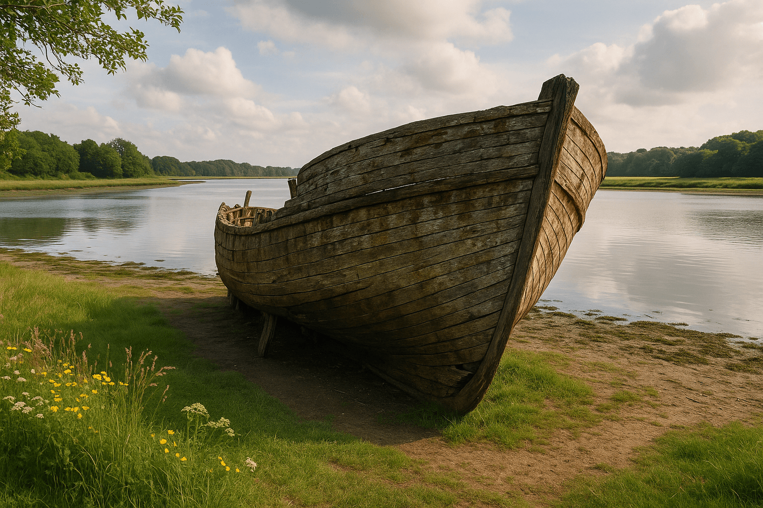 Épave en bois d’un bateau de pêche à Nostang, au bord de l’eau