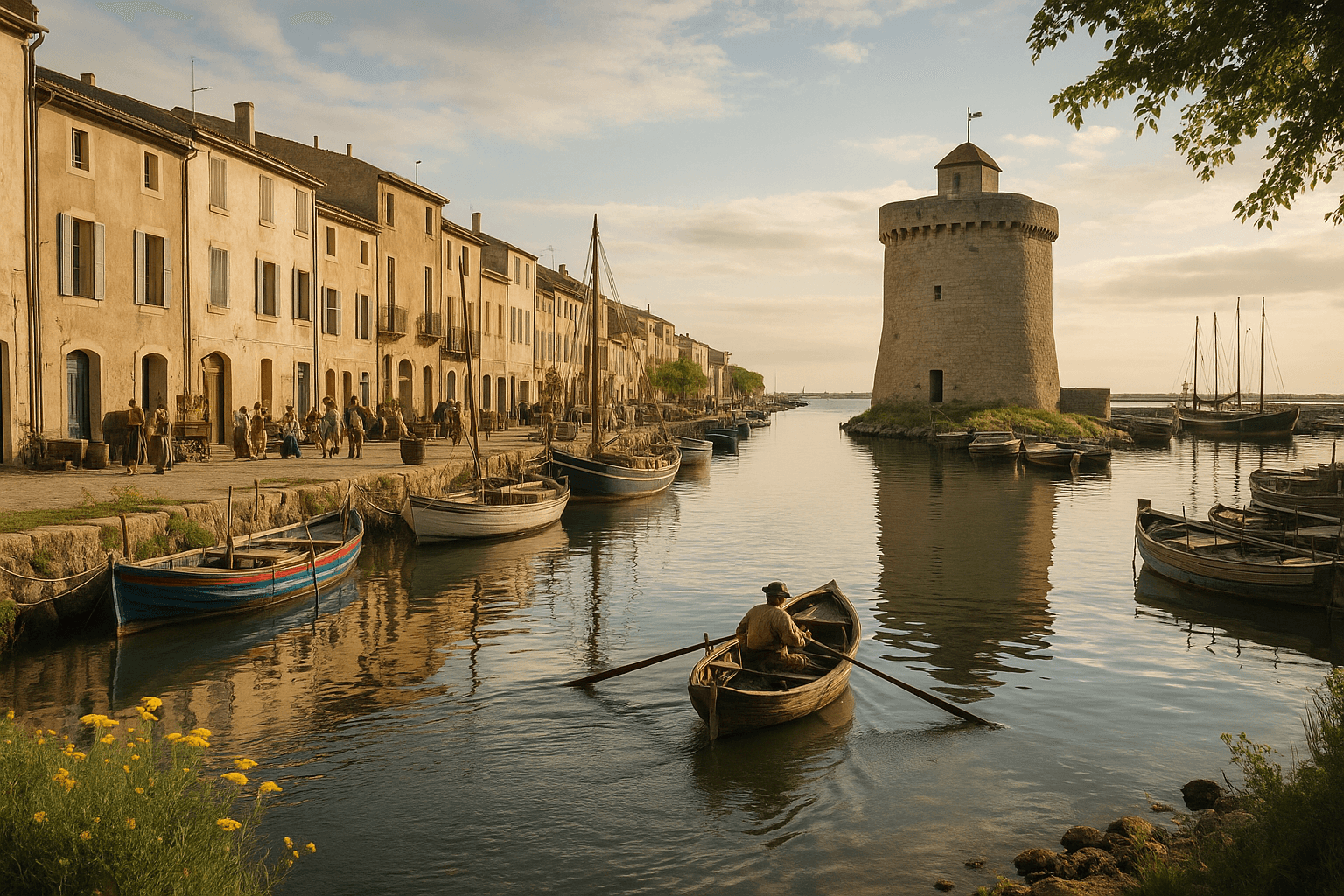 Le Lez bordé de quais et de bateaux à Palavas-les-Flots, rejoignant la Méditerranée
