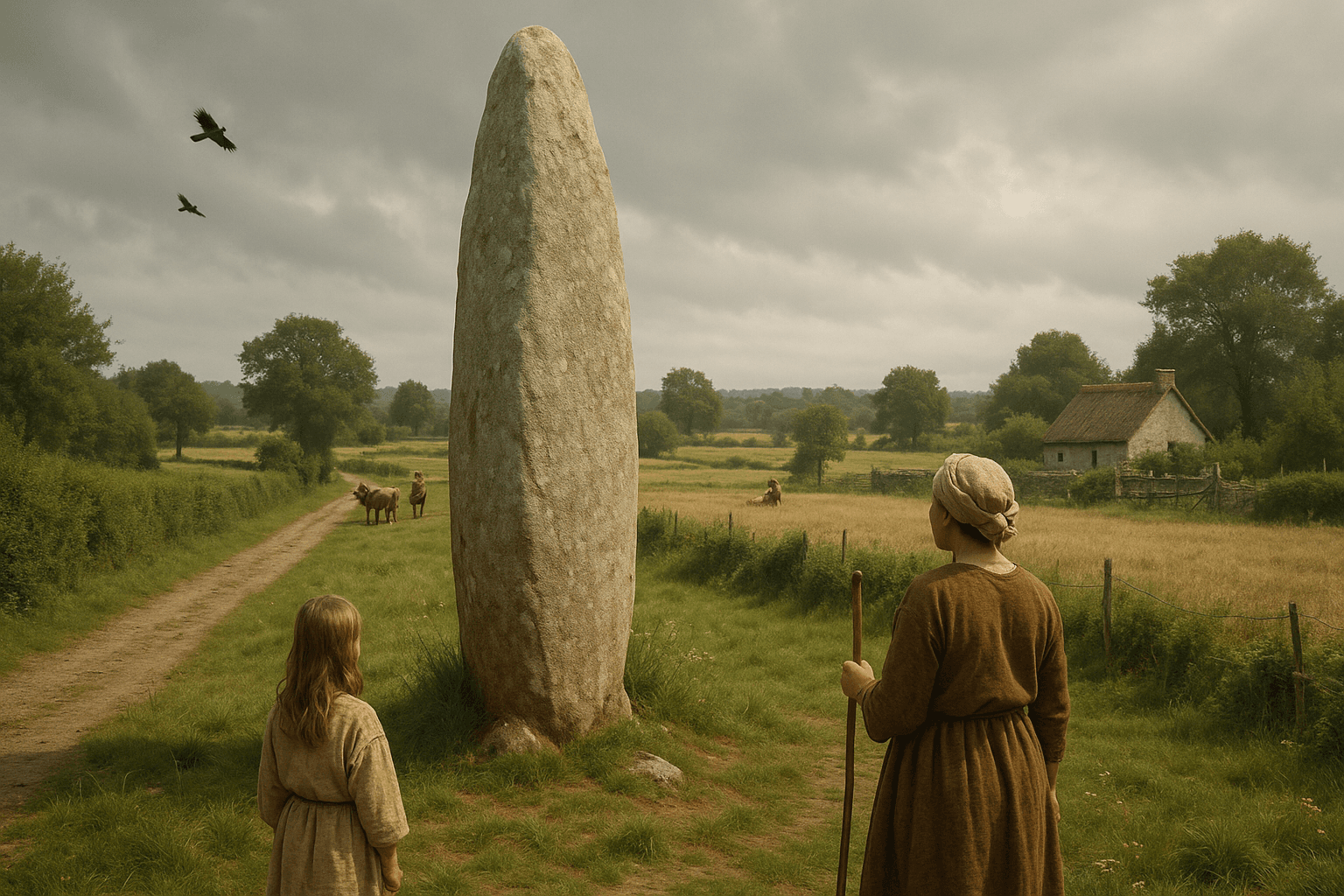 Le menhir du Moulin du Pont à Pleuven, monolithe de pierre dressé dans le paysage rural