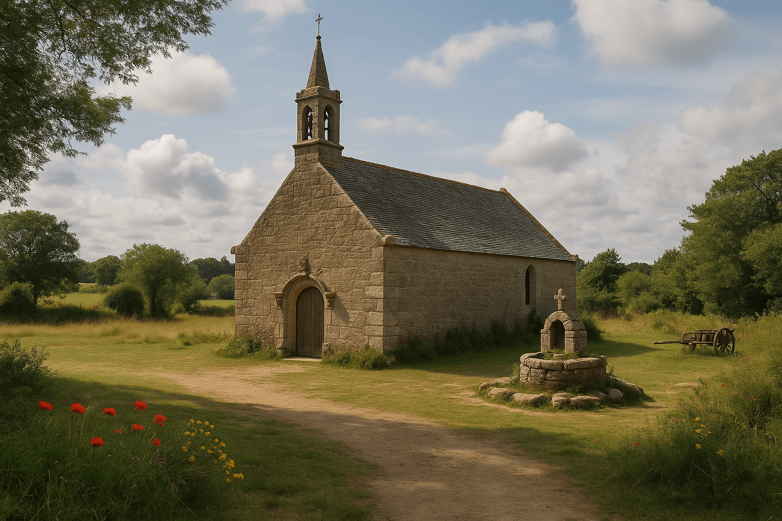 La chapelle Notre-Dame-de-Recouvrance à Ploemel, petite chapelle en pierre dans un cadre de campagne