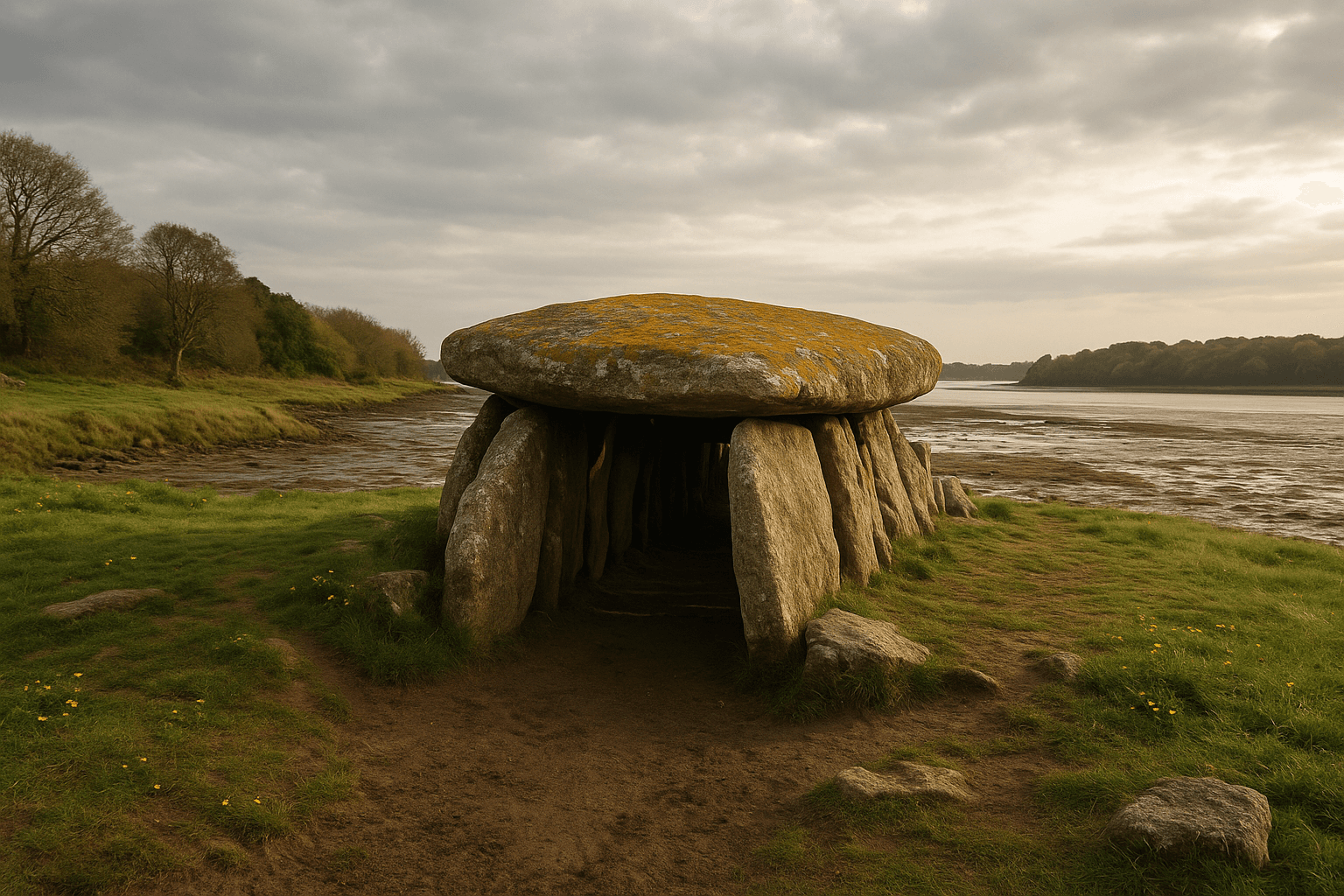 Les dolmens de Roh-Vilen à Plougoumelen, tables de pierre soutenues par des blocs verticaux