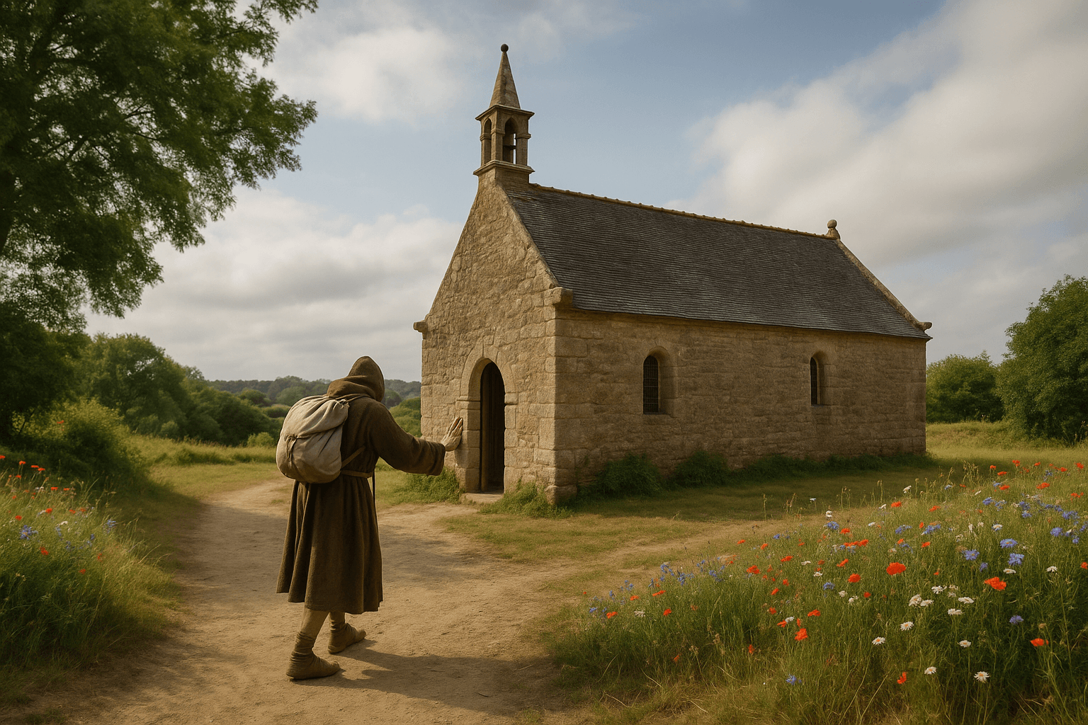 La chapelle Saint-Thuriau à Plougoumelen, vue extérieure de l’édifice en pierre