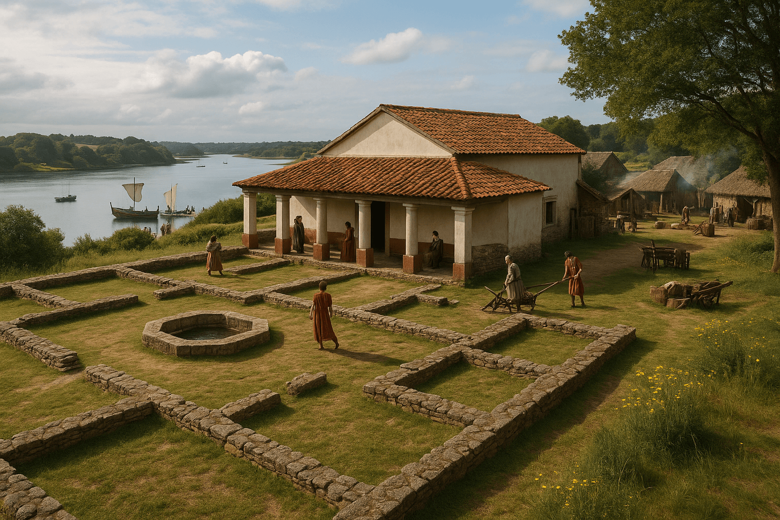 Vestiges de la villa gallo-romaine de Mané-Véchen à Plouhinec, fondations de pierre dominant la ria d’Étel