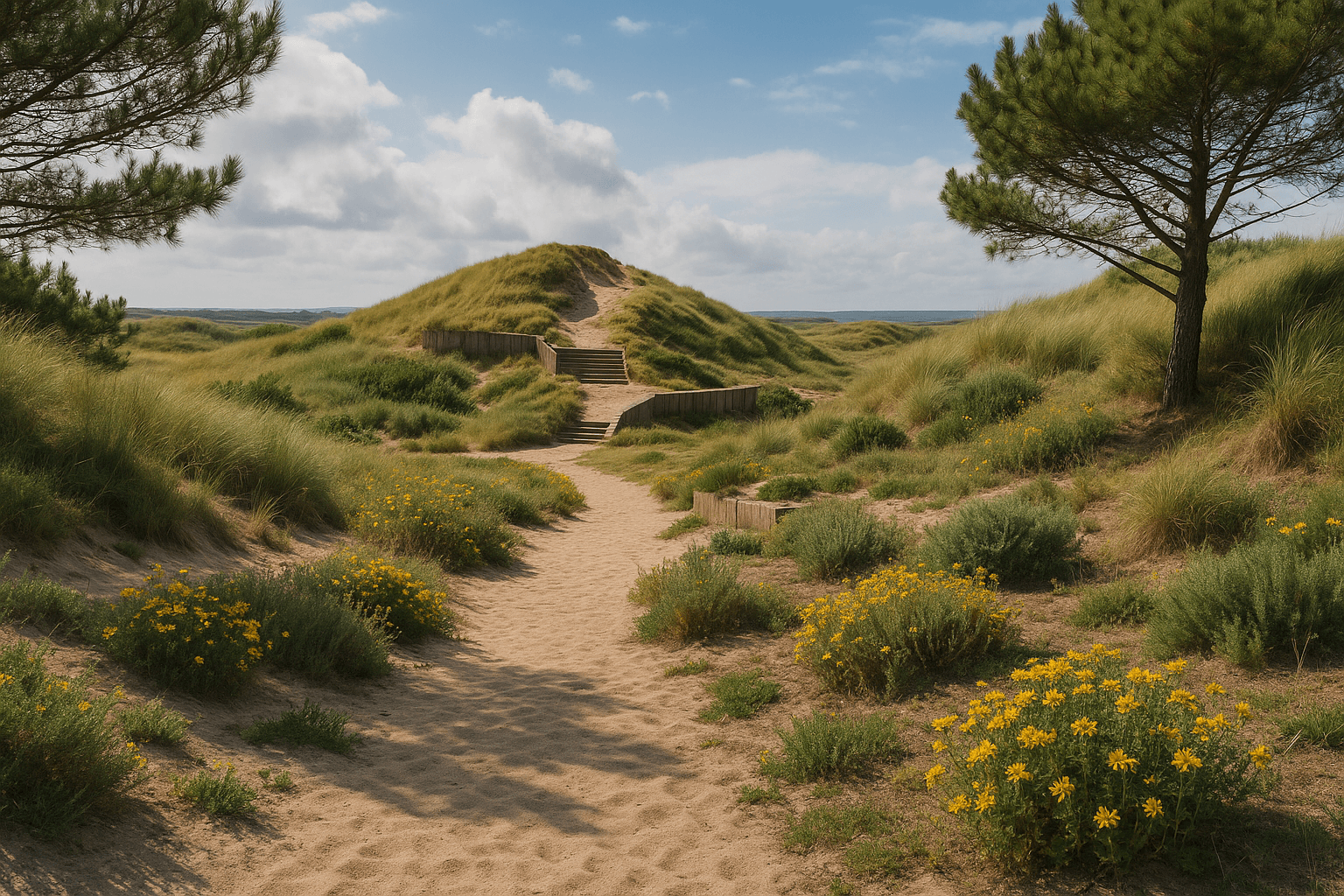 Le Jardin des Dunes à Plouhinec, sentier sableux bordé d’oyats et de plantes dunaires