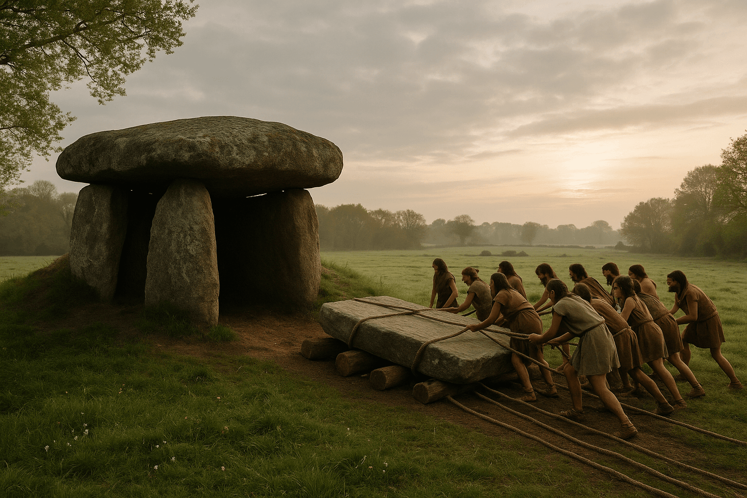 Le dolmen de Kervingu dans la campagne de Pluneret, dalle de couverture sur des pierres dressées