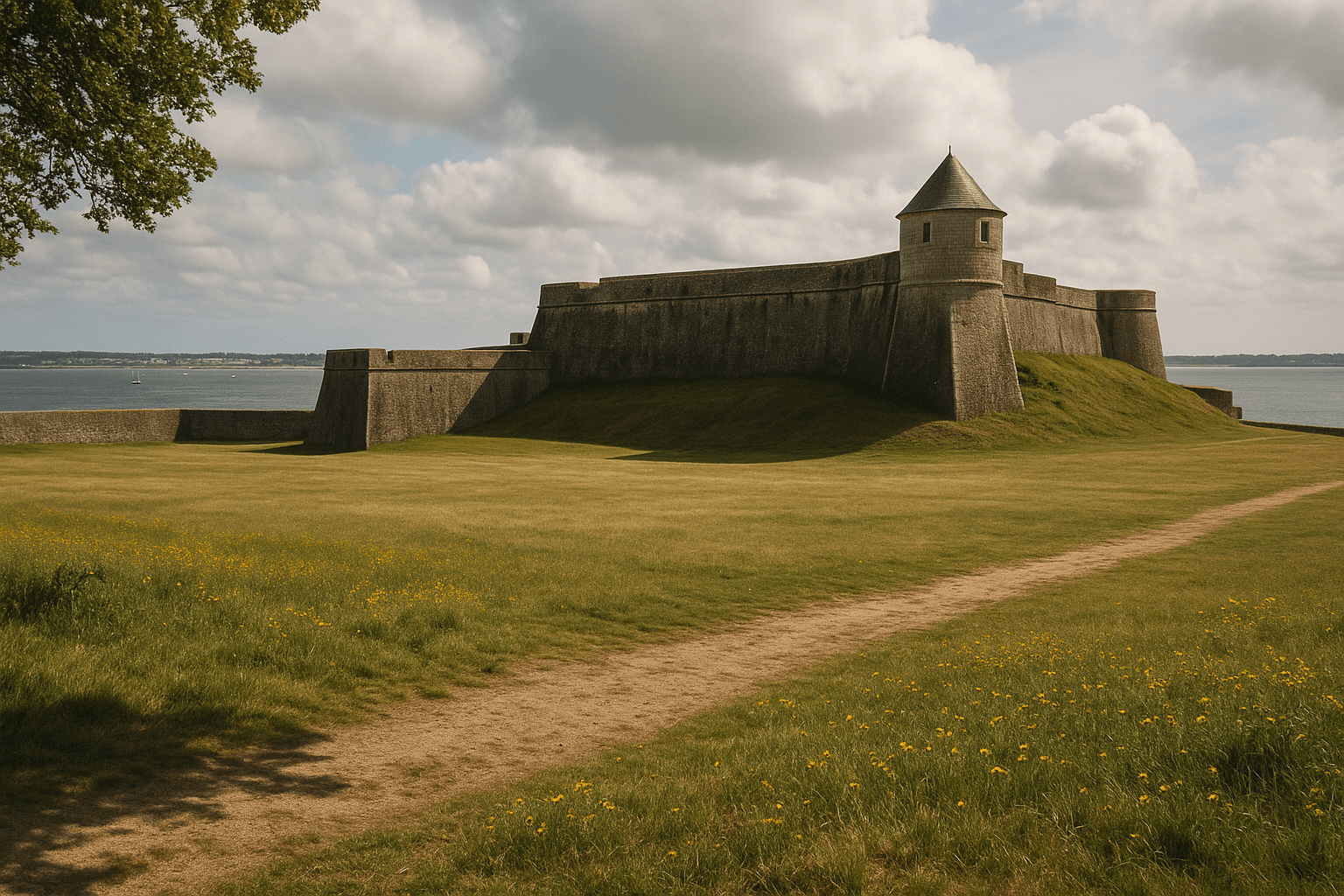 Le glacis de la citadelle de Port-Louis, large pente herbeuse au pied des remparts avec vue sur la rade