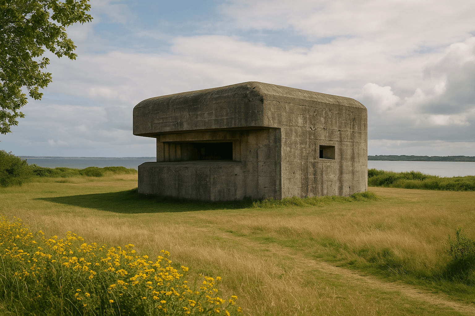 Le bunker Fl242 à Port-Louis, massif de béton semi-enterré lié aux défenses côtières du XXe siècle