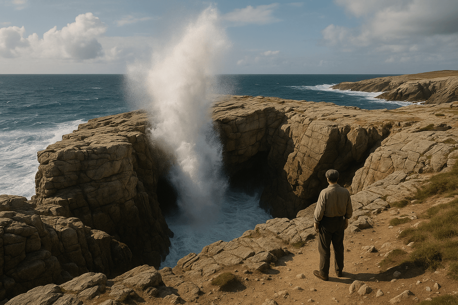 Le Trou du Souffleur sur la Côte Sauvage de Quiberon, où les vagues s’engouffrent dans la cavité rocheuse