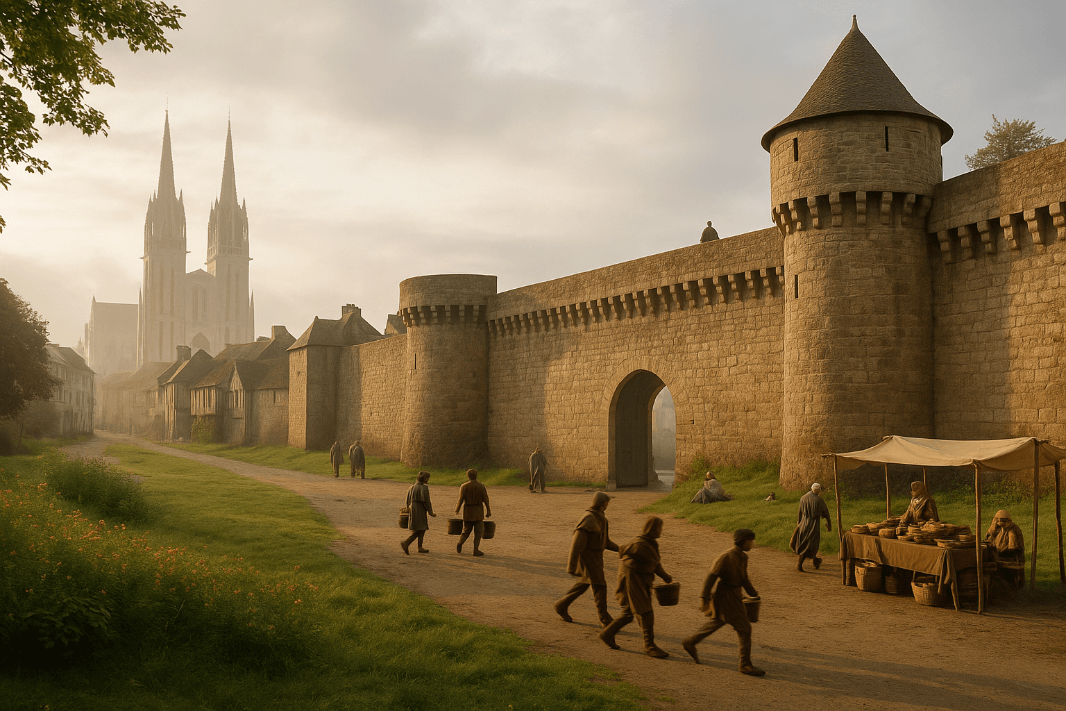 Vestiges des remparts médiévaux de Quimper longeant une ruelle du centre historique