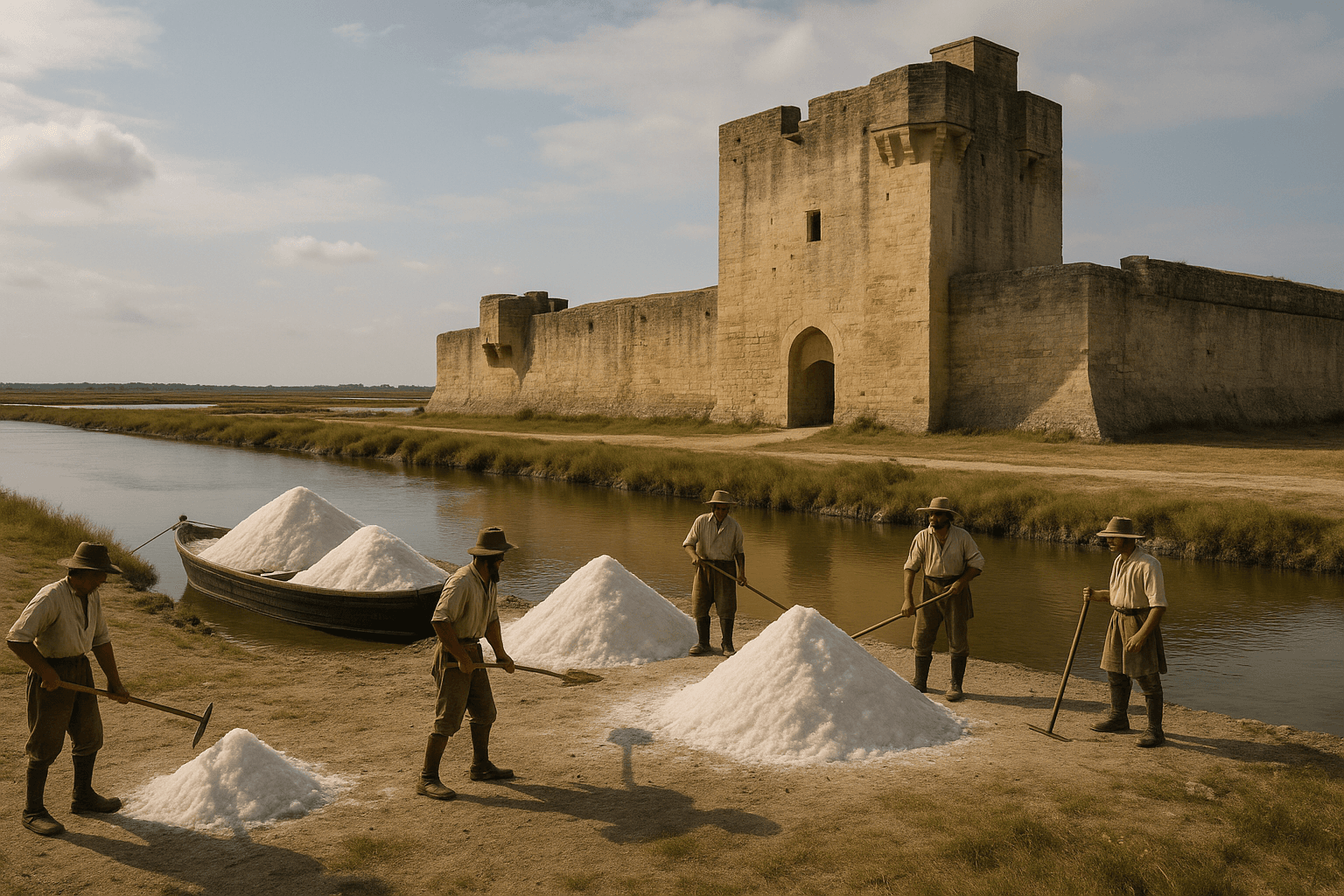 Les vestiges en pierre du Fort de Peccais dans les paysages ouverts de la Petite Camargue